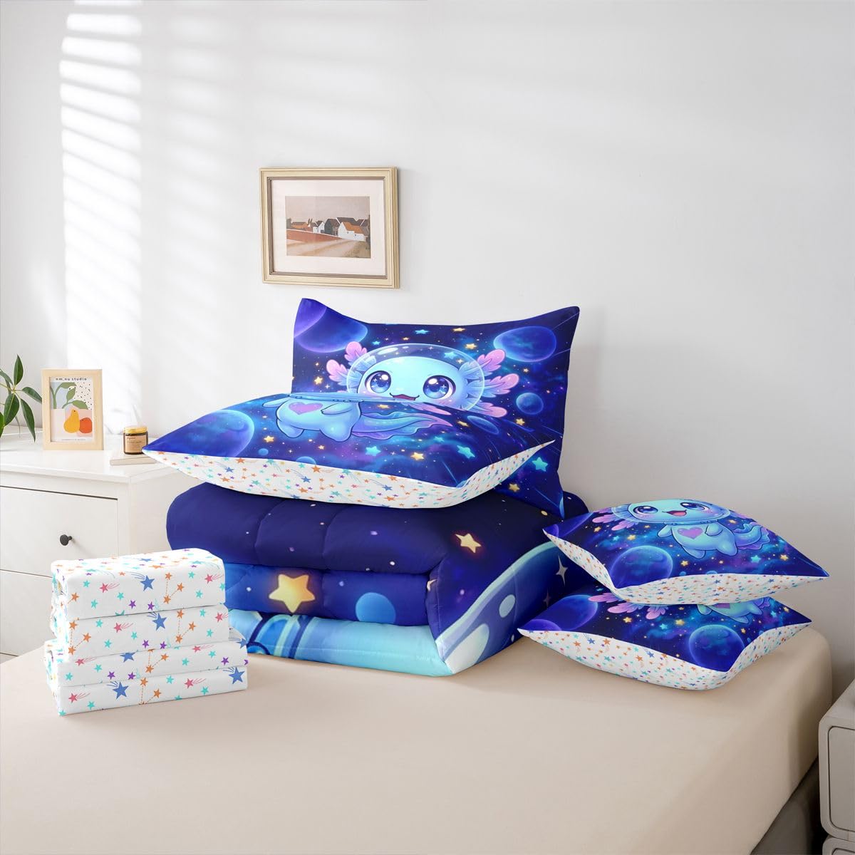 Erosebridal Kids Universe Axolotl Twin Size Bedding Set Boys Girls Cute Axolotl 7 Pieces Comforter Set with Sheets for Teens Purple Blue Starry Sky Bed in a Bag Glitter Stars Print Bed Sets