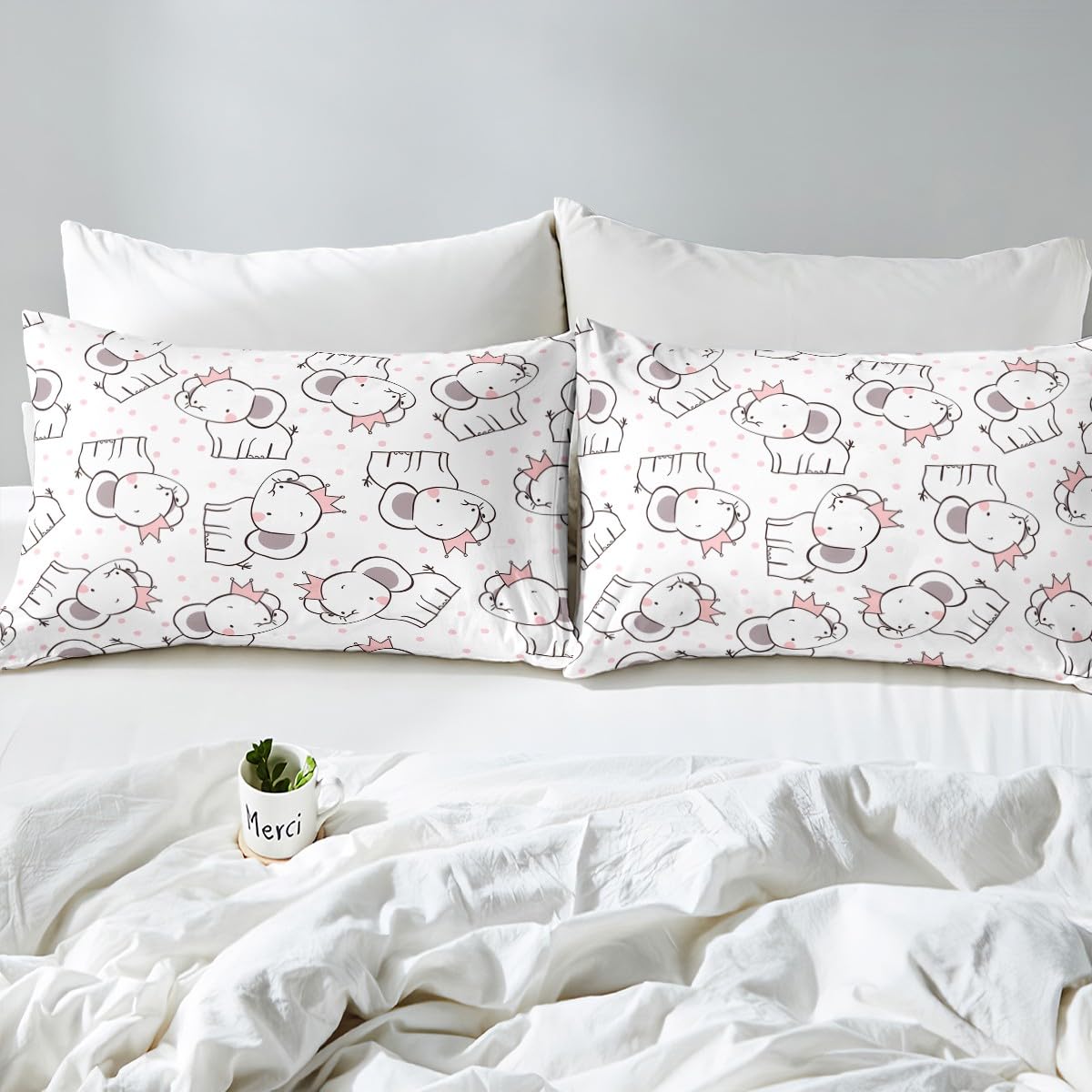 Feelyou Elephant Bed Sheet Set for Kids Boys Girls Teens Cute Elephant Print White Pink Cartoon Bedding Set Lightweight Microfiber Bed Cover Decor 3Pcs Fitted Sheet with 2 Pillowcases Full