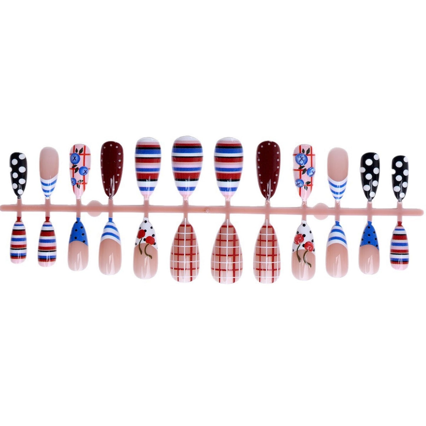 octoswave Long Almond Press on Nails Colorful French Fake Nails with Polka Dot and Stripes Designs for Women Girls 24Pcs
