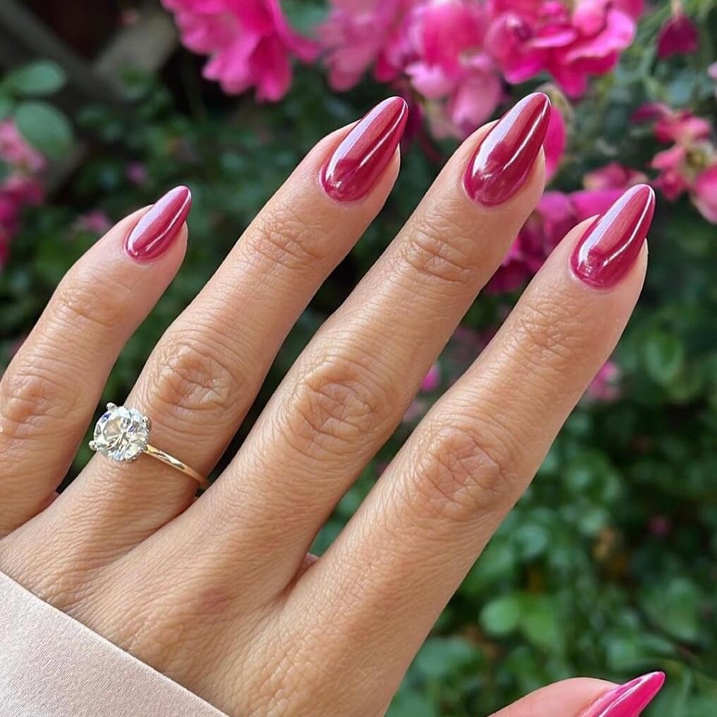 Hot Pink Chrome Press on Nails Medium Almond, KQueenest Iridescent Stiletto Fake Acrylic Nails With Holographic Mirror Effect Pearlescent Medium Glue on Nails False Nails Press ons for Daily Wear