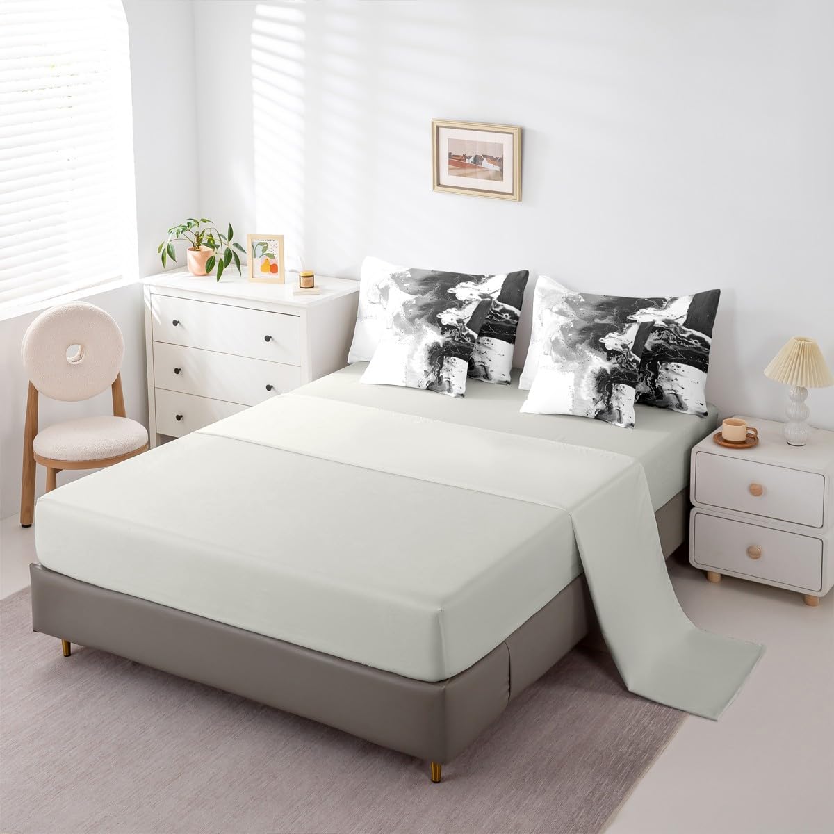 Feelyou Abstract King Comforter Set with Sheets for Kids Boys Girls Modern Abstract Art 7 Pieces Bedding Set Luxury Bed in a Bag Geometric Room Decor White Gray Soft Lightweight Microfiber