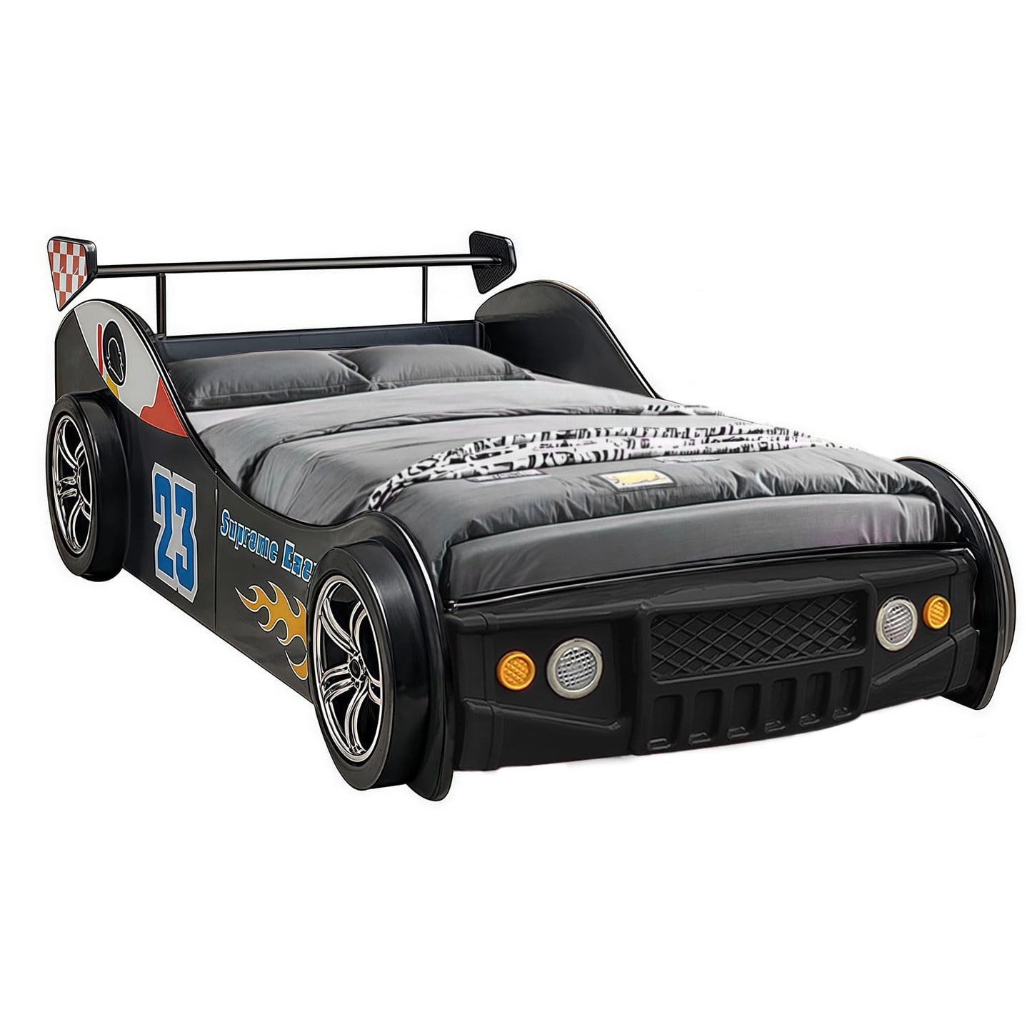 LKTART Car Bed Twin Size for Kids, Race Car Shaped Wooden Platform Bed Frame with Headboard Wheels and Support Slats for Boys Toddlers Child's Bedroom (Black)