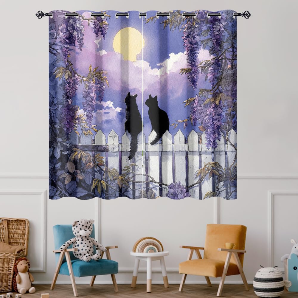 XSUPFLYM Cute Realistic Black Cat Window Thermal Curtain Rustic Full Moon Night Japanese Animal Black Cat Plant Lilac Floral Blackout Curtains for Bedroom 2 Panels Each.Each 21" W x 45" L
