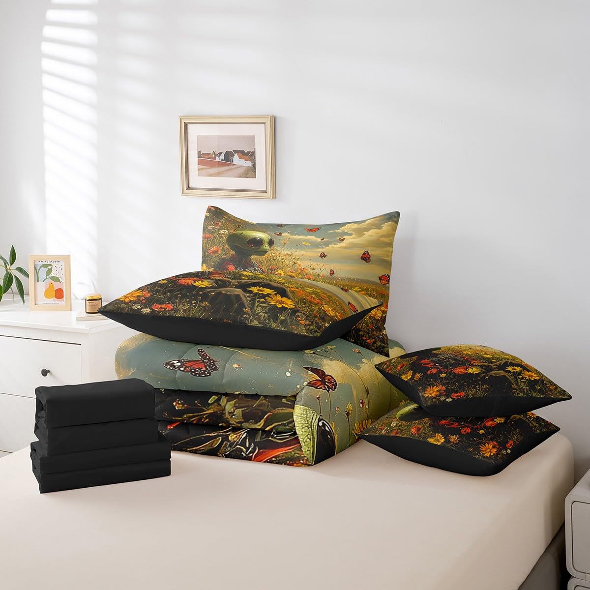 Feelyou Kids Alien Printed Comforter Set with Sheets Queen Size, Trippy Alien 7 Pieces Bedding Set Boys Girls Outer Space Bed in A Bag Butterfly Teens Bed Set Bedroom Decor 7Pcs