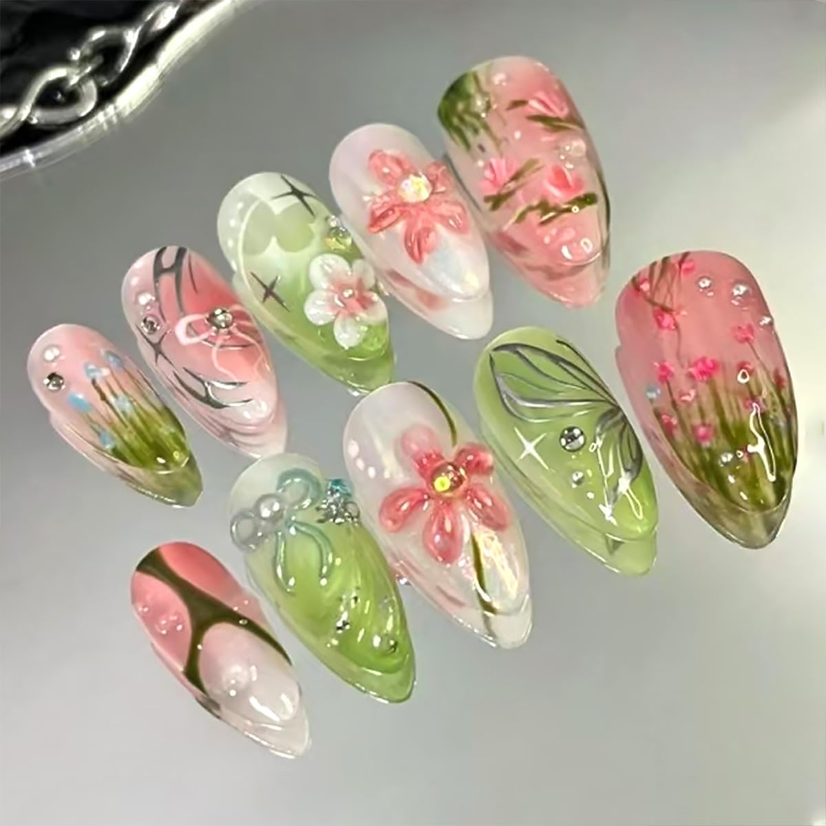 30Pcs Pink Flower Press on Nails Medium Almond Fake Nails with Bow Pearl Design 3D Full Cover Artificial Glue on Nails Spring Summer False Nails Cute Stick on Nails Handmade Nail Kit for Women