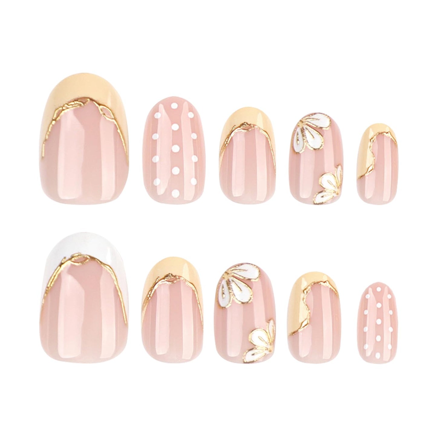 Short Oval Press On Nails Nude Pink, Yellow French Tip Fake Nails with Hand Painted Flower and Gold Outline, Cute Polka Dot Glossy Stick On Nails Reusable Full Cover False Nails for Women