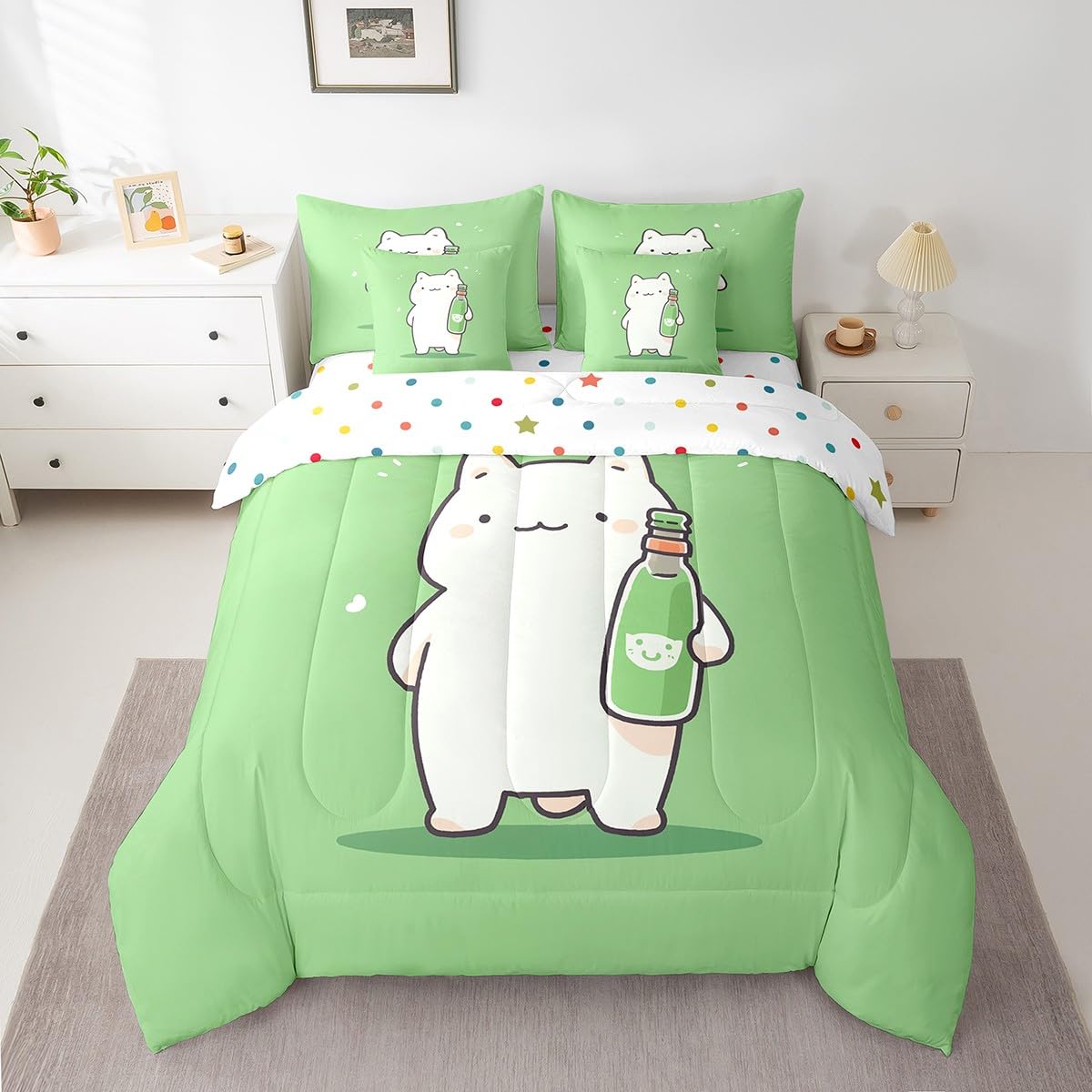 Erosebridal Cartoon White Cat Bedding Set King Size, Kawaii Pet Kitten Comforter Set, Cute Animals Kids Teens (Comforter+Fitted+Flat Sheet+2 Pillowcases+2 Throw Pillow Covers) 7 Pieces Bed Set