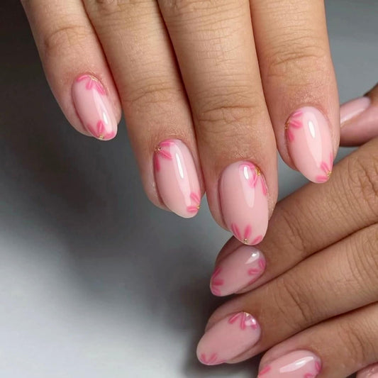 Short Oval Press On Nails with Pink Floral Design, Nude Pink Translucent Fake Nails Glossy Full Cover Acrylic Nails, Elegant Flower Stick On Nails Reusable False Nails for Women Girls