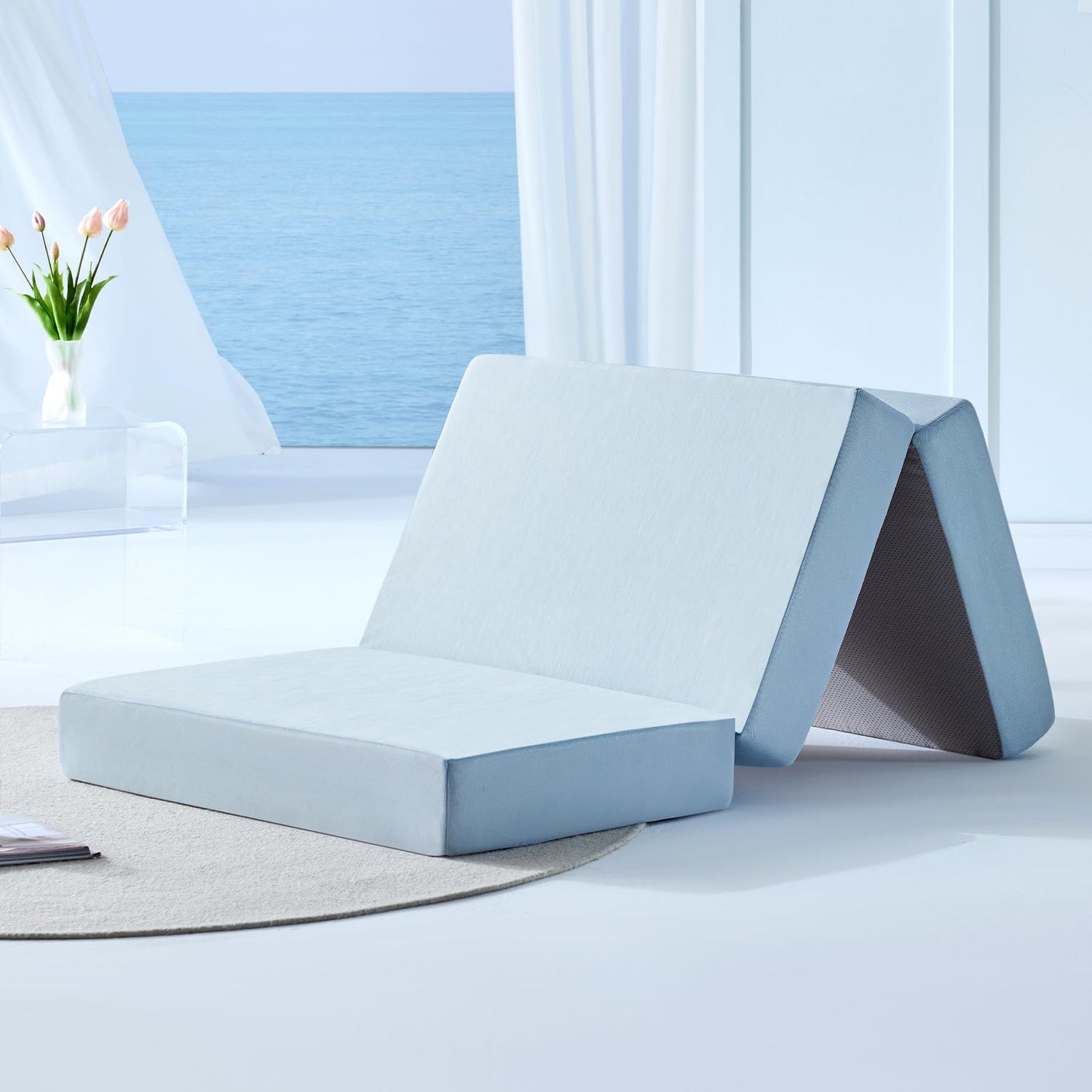 Lazyzizi Cooling Folding Mattress,6 Inch Foldable Mattress with Memory Foam Cold & Breathable Fabric Cover,Trifold Floor Guest Murphy Bed for Camping, RV, Twin