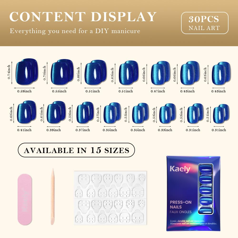 evpct Blue Cat Eye Extra Short Square No Glue Press on Nails, Petite Short Square Stick on Nails for Women Gift, Blue Glossy Glitter Fake Nail Reusable, Soft Press on Acrylic False Nail with Designs