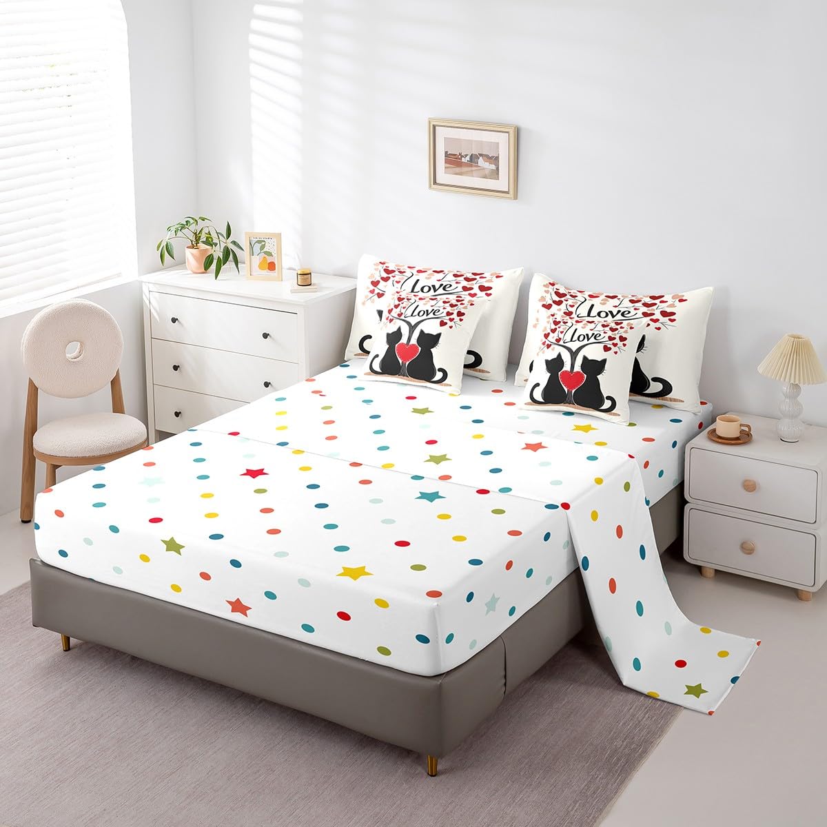 Erosebridal Black Cat Couple Queen Comforter Set with Sheets - Cute Romantic Valentine Day Red Love Bedding Sets 7 Piece Valentines Bed in a Bag Gifts for Kids Girls Boys Women Couples Room Decor