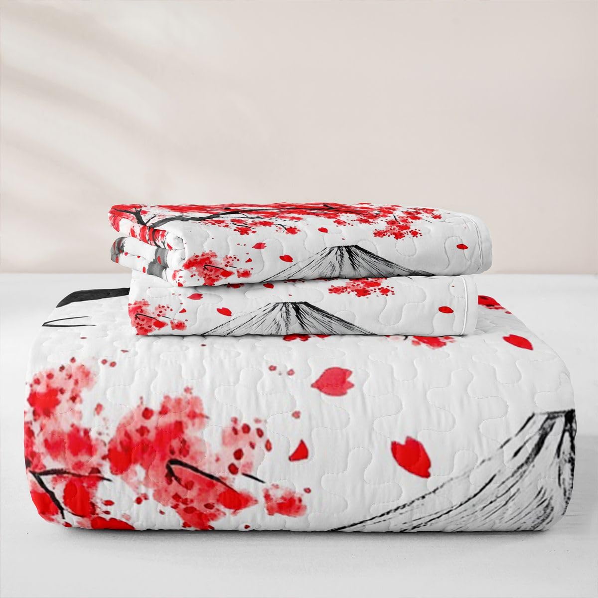 Erosebridal Asian Japanese Quilt Twin Size - Red Cherry Blossom Fuji Mount Bedspread Japanese Traditional Bed Coverlet with 1 Pillowcase