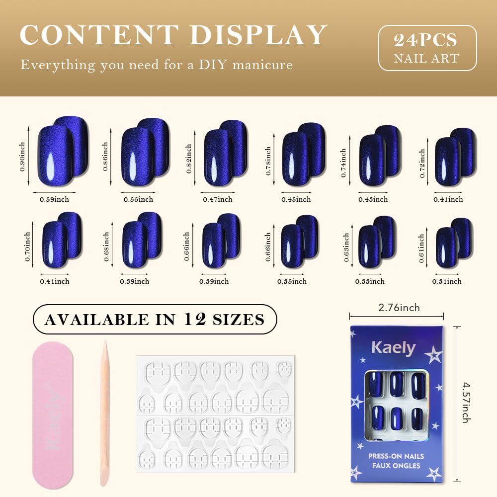 Royal Blue Cat Eye Press on Nails Medium Square, Medium Square Press Stick on Nails Chrome for Women Gift, Blue Holographic Glitter Glossy Reusable Soft Gel Acrylic Fake Nail with Cateye Effect Design