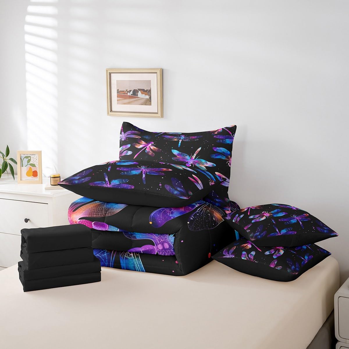 Erosebridal Gradient Dragonfly Comforter Set Queen,Gradient Aesthetic Animal Bedding Set 7Pcs for Girl Lady Women,Boho Dragonflies Quilt,Glitter Starry Sky Stars Bed in a Bag