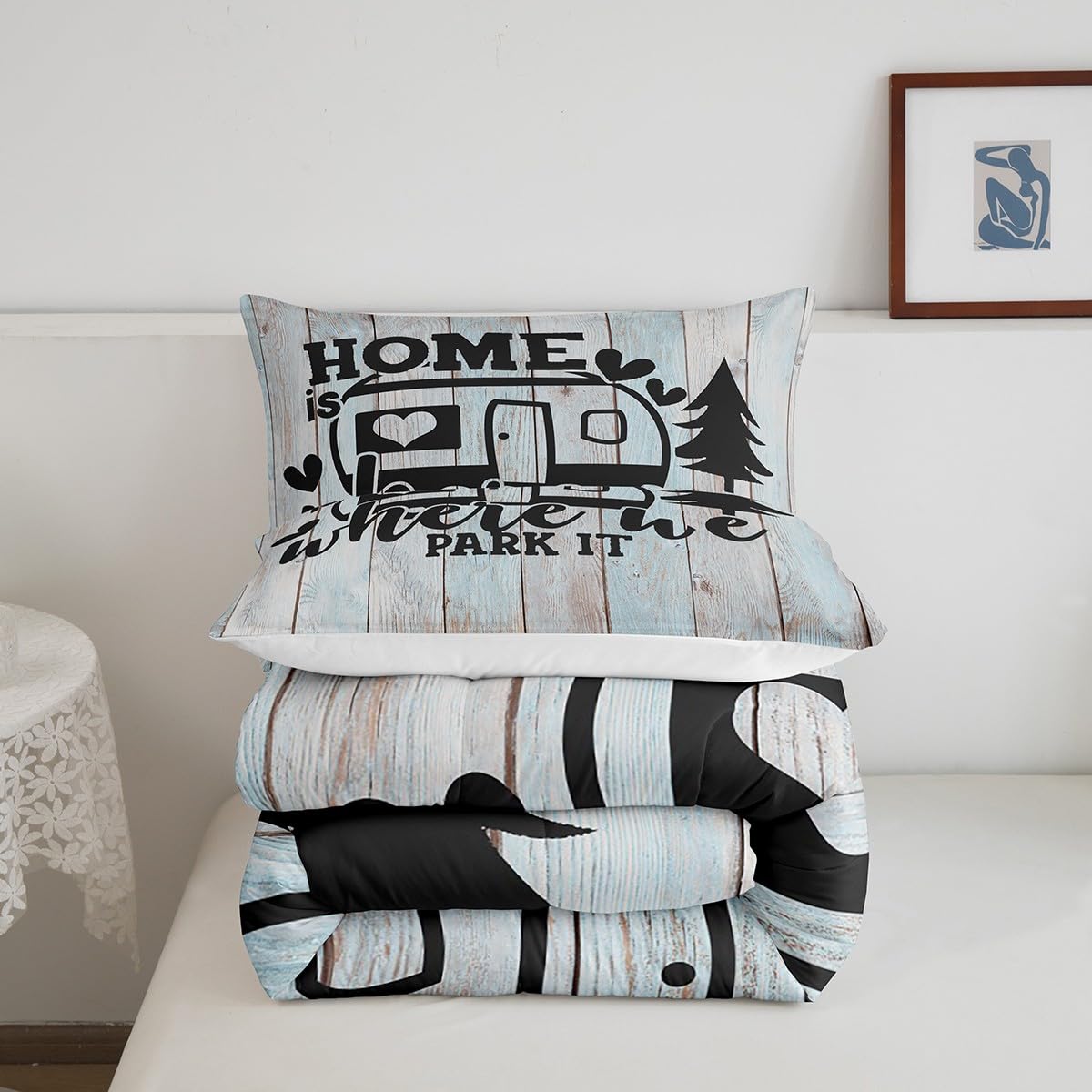Farmhouse Rustic Camping Queen Size Comforter Set,Funny Home Where We Park It Bedding Set with 2 Pillowcases,Explore Camper Gifts RV Life Breathable Durable Inner Fill Polyester Bedspread