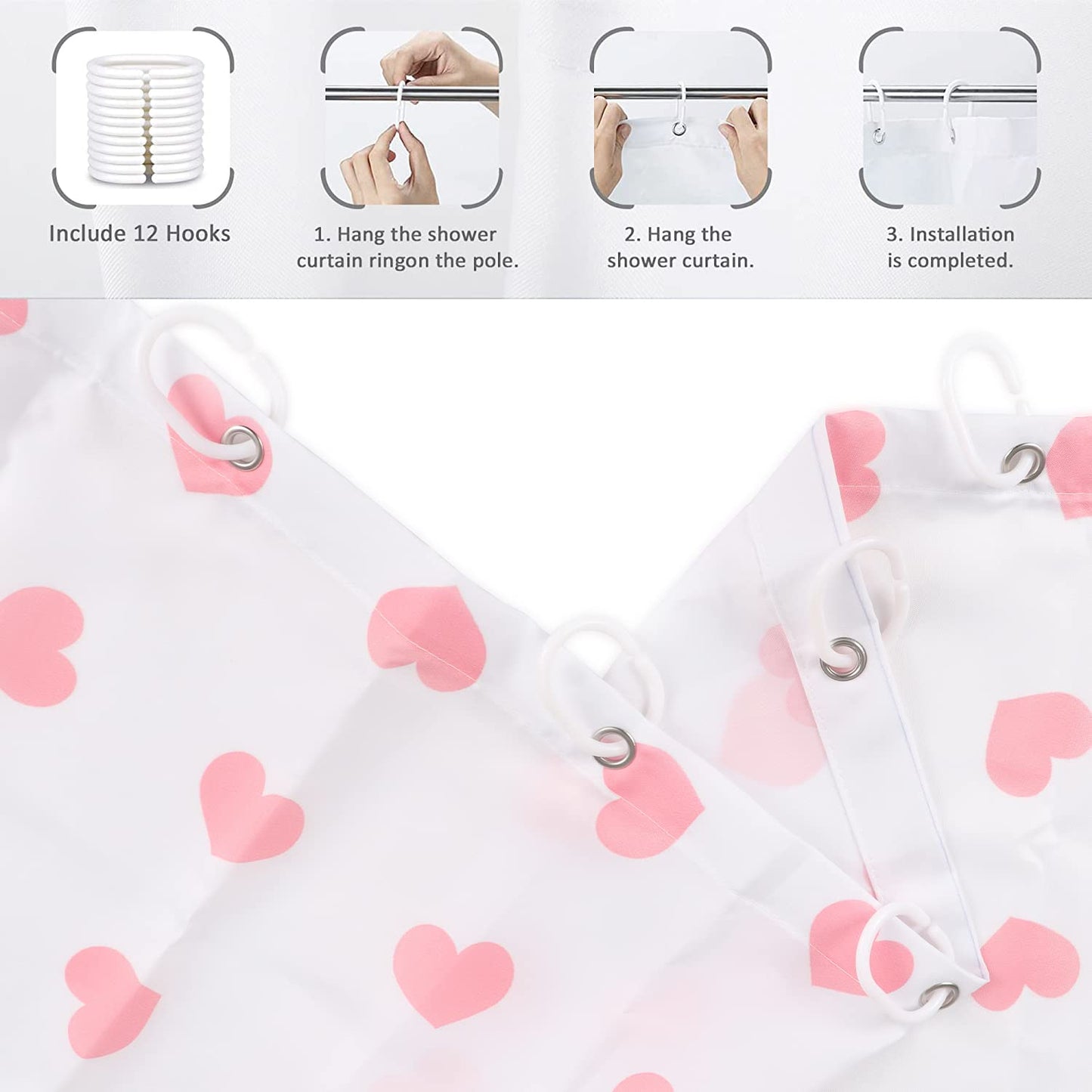GCIREC Valentine's Day Shower Curtain, Weighted Bottom Romantic Love Theme Pink Little Heart Farmhouse Girly Fabric Bathroom Curtain Home Decor Waterproof Washable with 12 Hooks,72"x72"