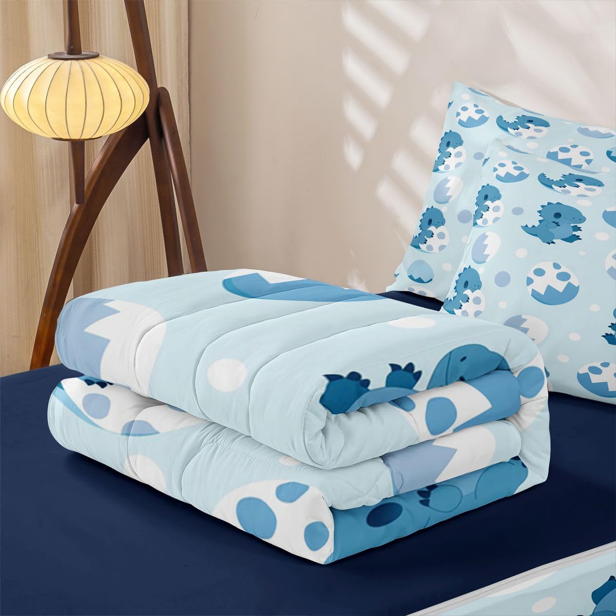 jejeloiu Boys Dinosaur Zipper Bedding for Kids Twin Size Blue White Dino Bed in a Bag with Sheets, Comforter, Pillowcases Dinosaur Pattern Comforter Set for Boys Girls Bedding Sets Durable
