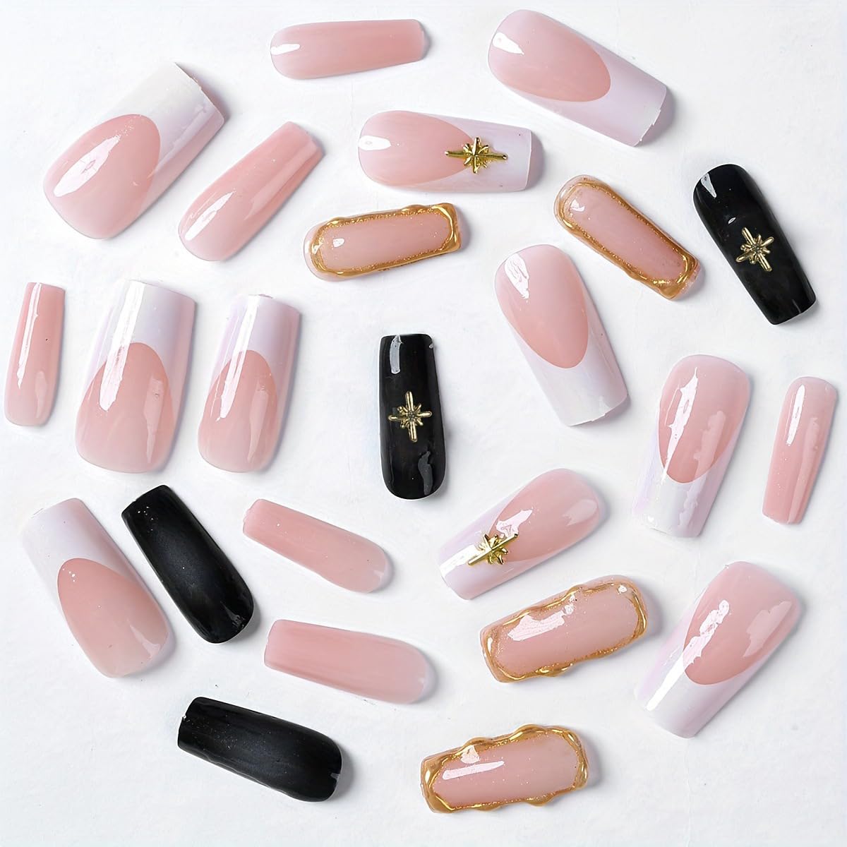 French Tip Press on Nails Medium Square Fake Nails with 3D Gold Rose, Star, Charms Designs Full Cover Glossy False Nails Press ons Stick on Nails for Women Manicure 24Pcs
