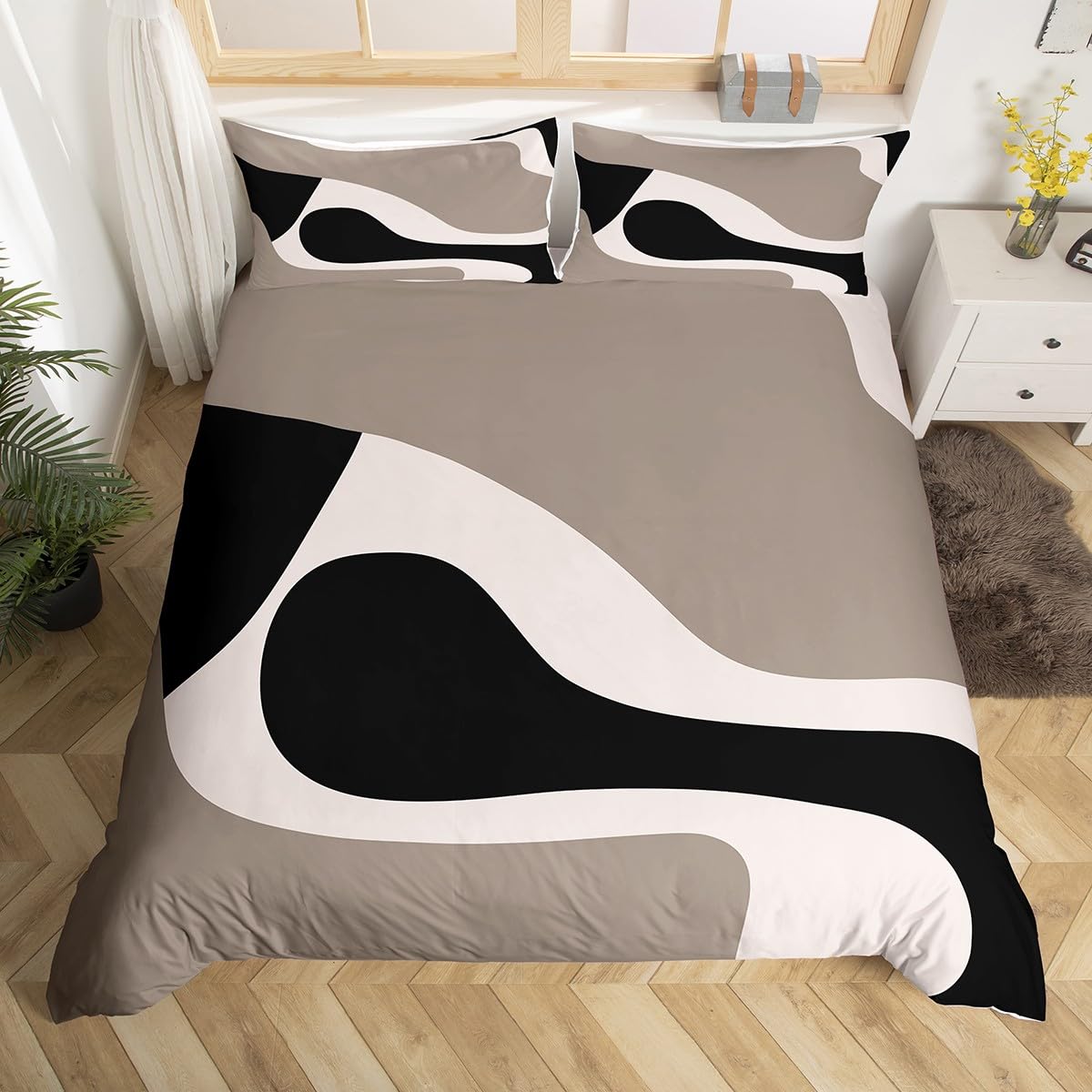 Erosebridal Black Beige Striped Duvet Cover King,Boho Modern Geometric Abstract Comforter Cover for Women Men Adults, Stripes Bold Lines Bedding Set,Minimalist Stylish Art Bed Set