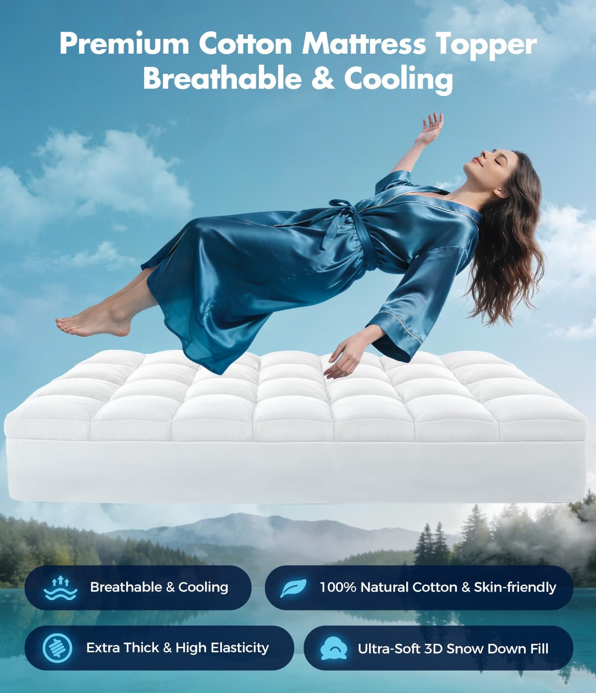 Fracho Cotton Mattress Topper Full Size, Extra Thick Pillow Top Mattress Pad Cover with Breathable Pure Cotton Surface, Cooling Plush Bed Topper for Back Support, 8-21" Elastic Deep Pocket,White