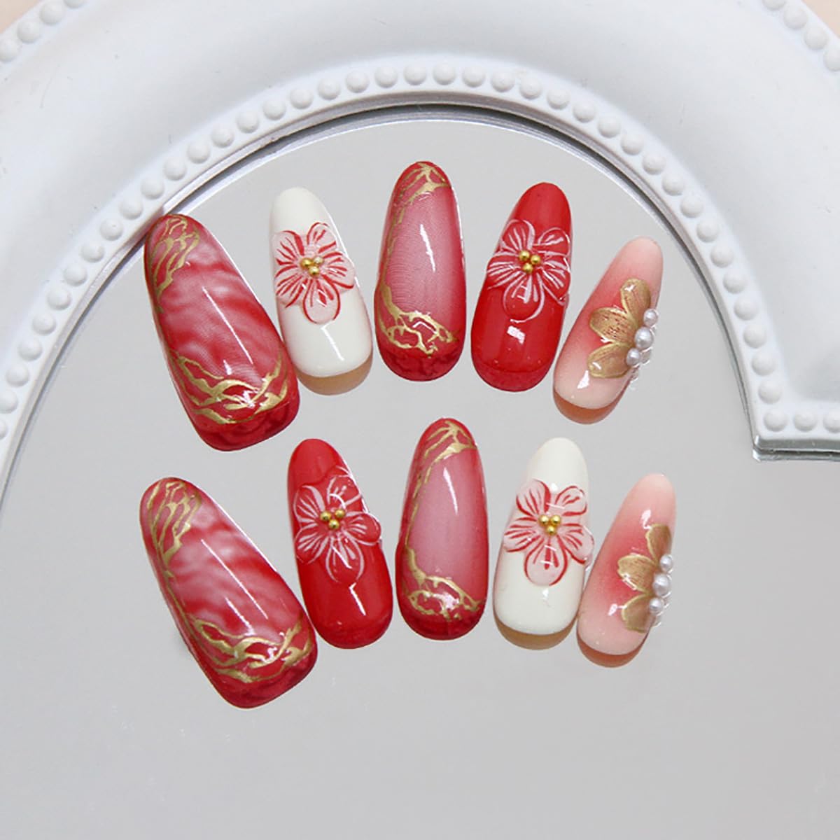 24Pcs Medium Almond Press on Nails Spring Summer Fake Nails with 3D Flowers Pearl Rhinestones Designs Full Cover Gold French Tip Stick on Nails Pink Flowers False Nails for Women Acrylic Nail Salon