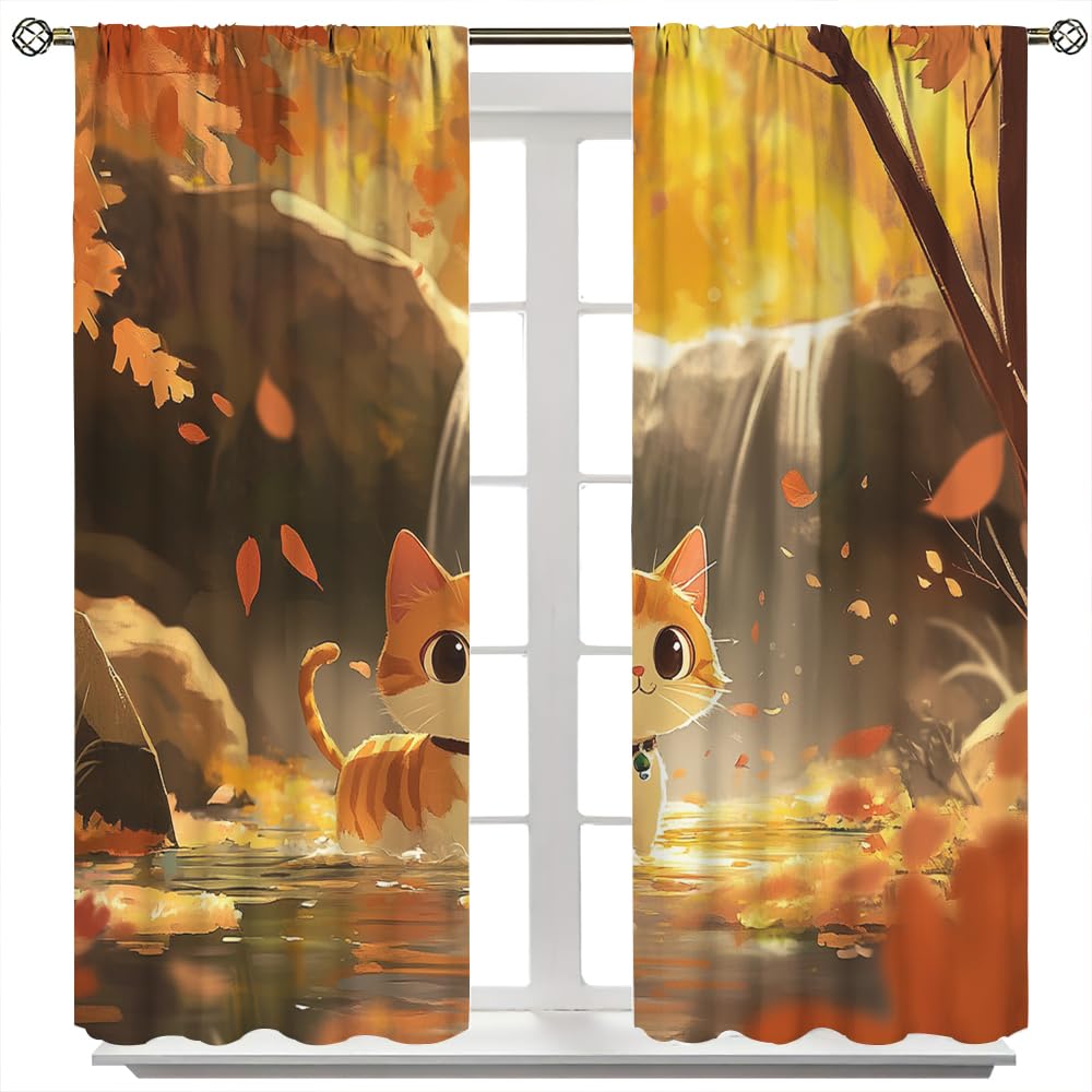 SOPIYRIO Modern Cartoon Cat Blackout Window Curtains Abstract Waterfall Fantasy Forest Animals Rod Pocket Curtains for Bedroom Thermal Insulating Drapes for Living Room 2 Panels 21 W x 45 L inch