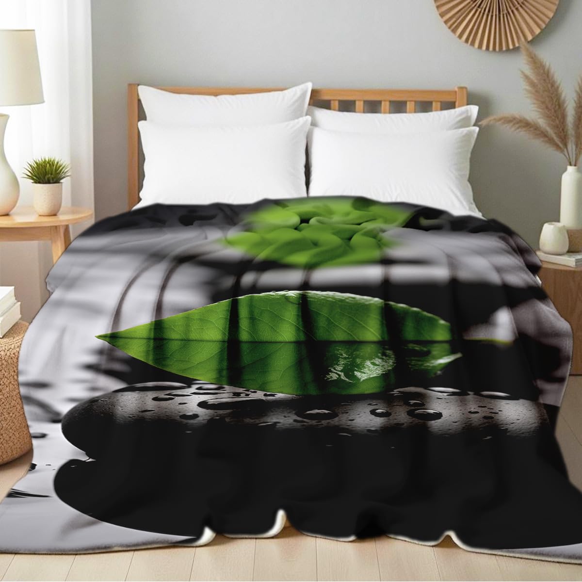 HUNXIAOJ Zen Stone on Water Print Blanket Black and White Flannel Blanket Spa Throw for Home Bedding Couch Bed Yoga Room Meditation Decor Gifts (49"x59")