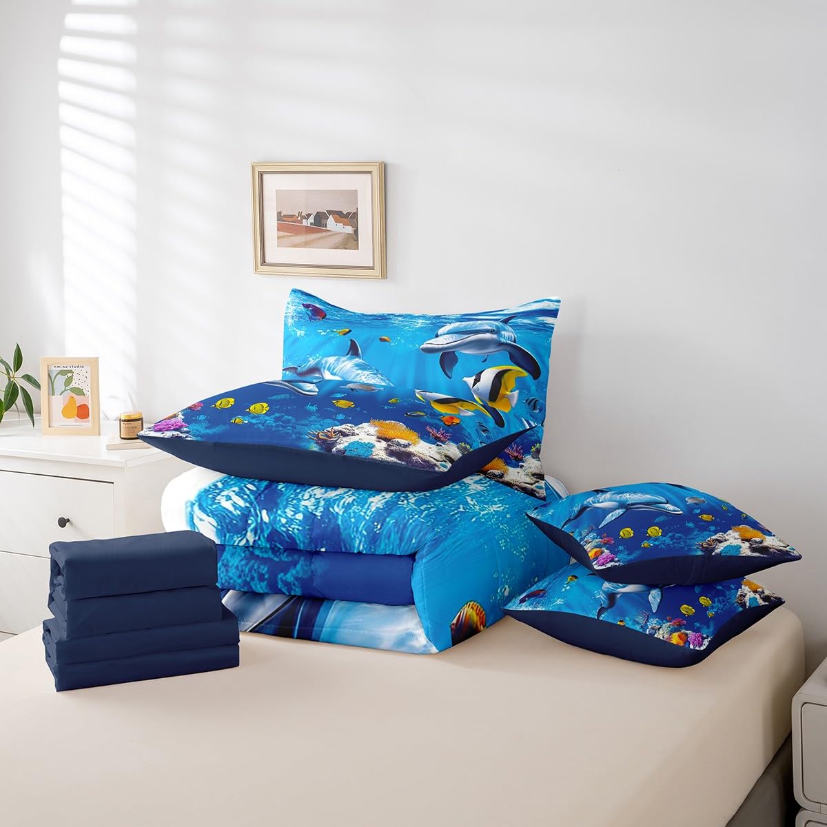 Erosebridal Blue Ocean Comforter Set 7 Piece Bed in a Bag Twin,Dolphin Bedding Sets 3D Fish Coastal Sheet Set with Comforter,Nautical Sea Animal Bed Set