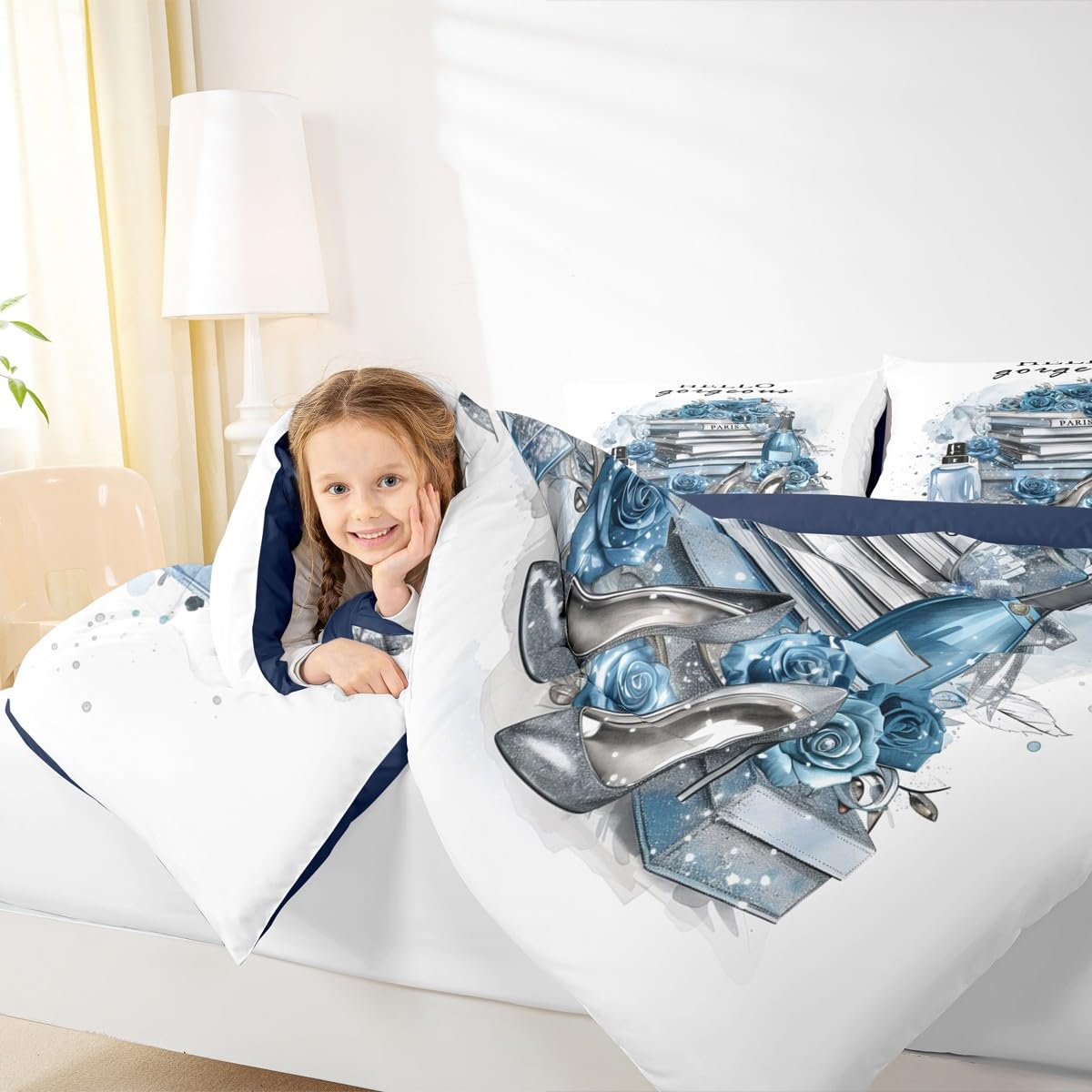 Erosebridal Girly Blue King Bedding Set Silver Fashion Comforter Women Girls Gray Teal Flower Perfume Duvet Insert High Heels Magazine Books Floral Bed Sets Paris Romantic Bedroom Decor
