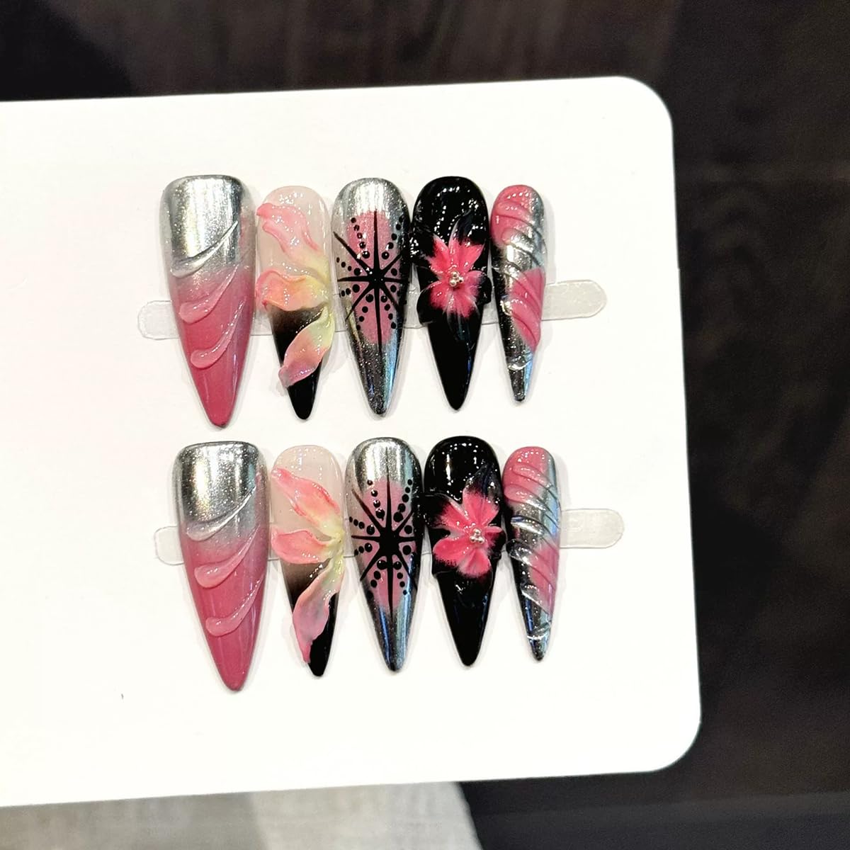 Handmade Press on Nails Long Stiletto False Nails Black French Tip Fake Nails with 3D Flower Designs Sparkly luxury Artificial Nails for Women 10pcs (Size M）
