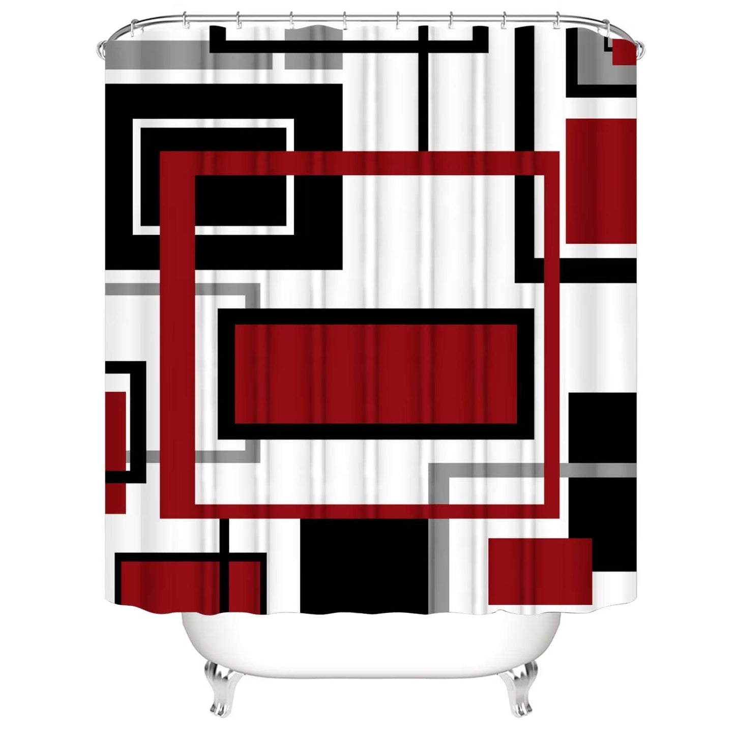 Yddsky 4 Pcs Red Geometric Shower Curtain Sets with Rugs Red Bathroom Sets with Shower Curtain and Rugs Modern Bathroom Curtains Shower Set with Toilet Lid Cover for Bathroom Decor Accessories