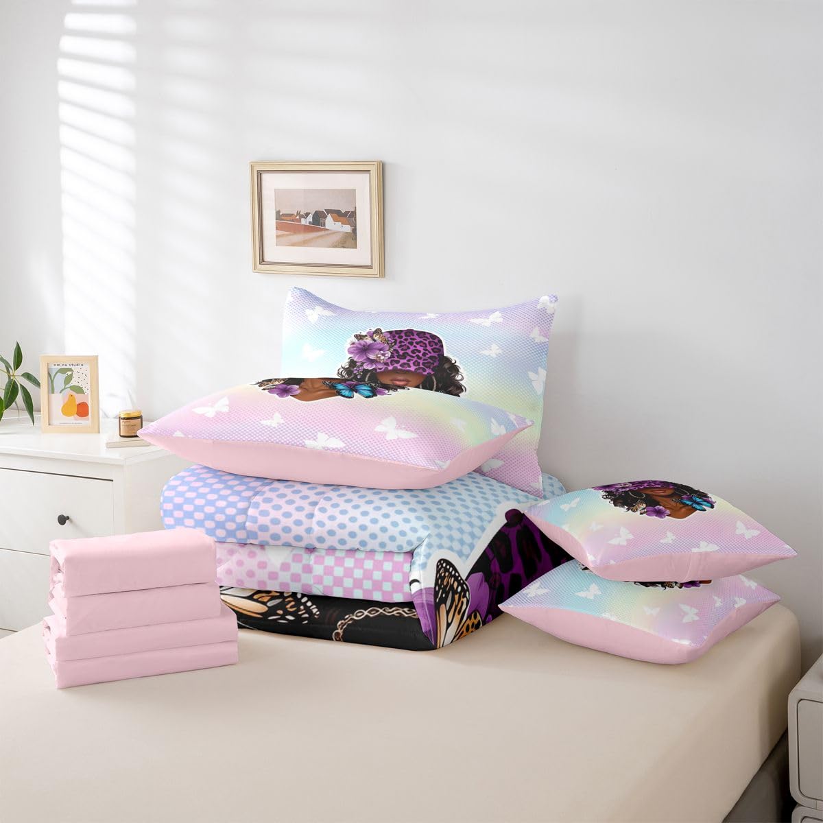 Erosebridal Y2K Black Girl Magic Twin Size Bedding Set Aesthetic Floral Butterfly 7 Pieces Comforter Set with Sheets for Women Purple Leopard Print Hat Bed in a Bag Pastel Gradient Polka Dot Bed Sets