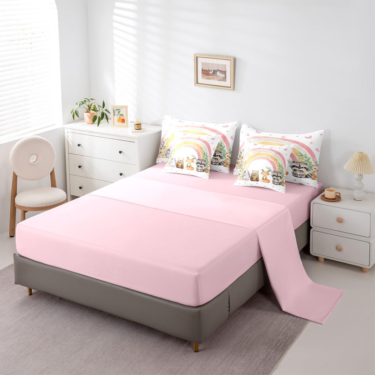 Erosebridal Cartoon Fox 7 Piece Bedding Set King Deer Comforter Set with Sheets Cute Bear Raccoon Otter Rabbit Floral Bed in a Bag Rainbow Butterfly Leaf Pattern for Kids Boys Girls