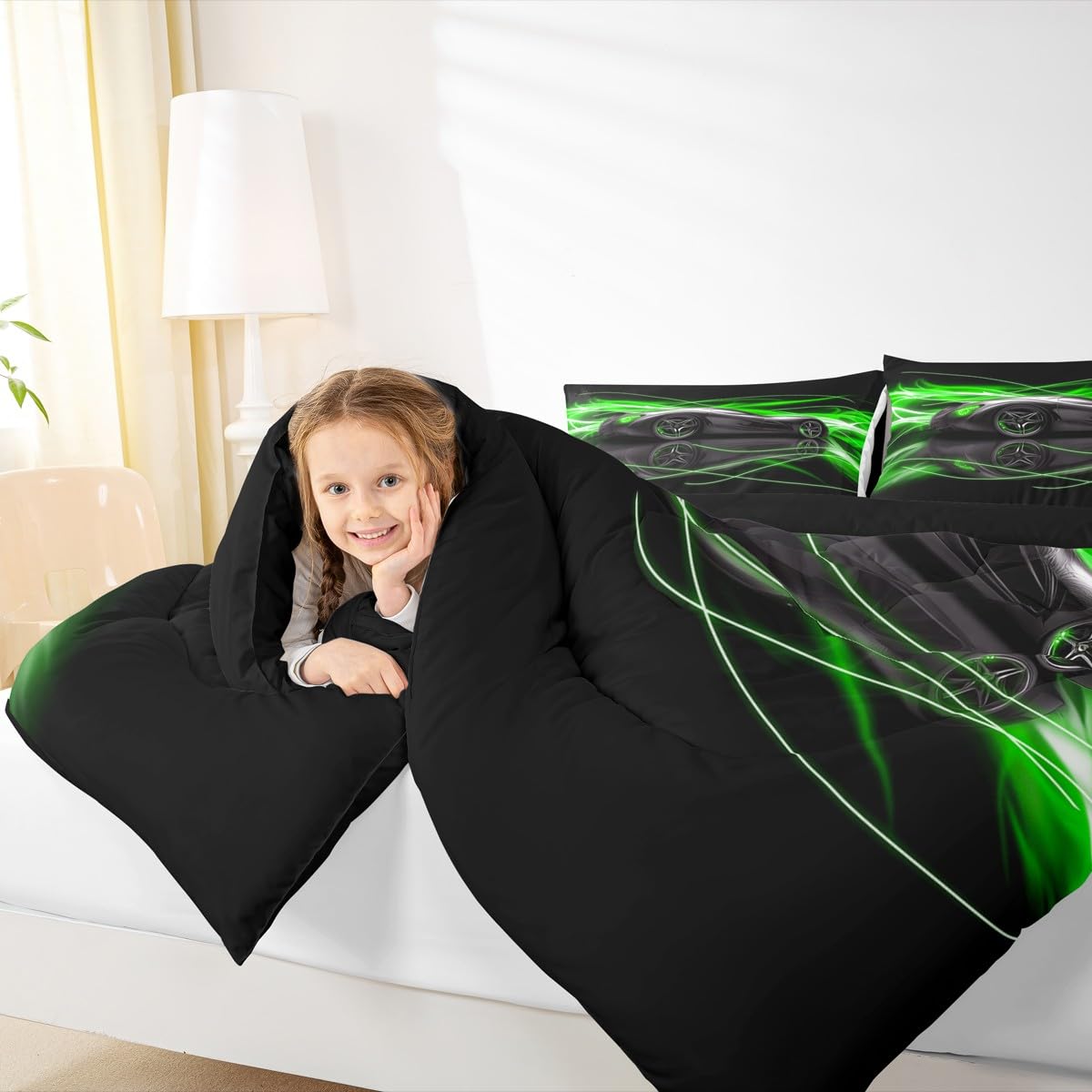 jejeloiu Kids Race Car Comforter Set Twin Size Speed Sports Car Bedding Set for Kids Boys Girls Green Duvet Quilt Automobile Bedroom Decor Microfiber 2 Pcs with 1 Pillow Cases