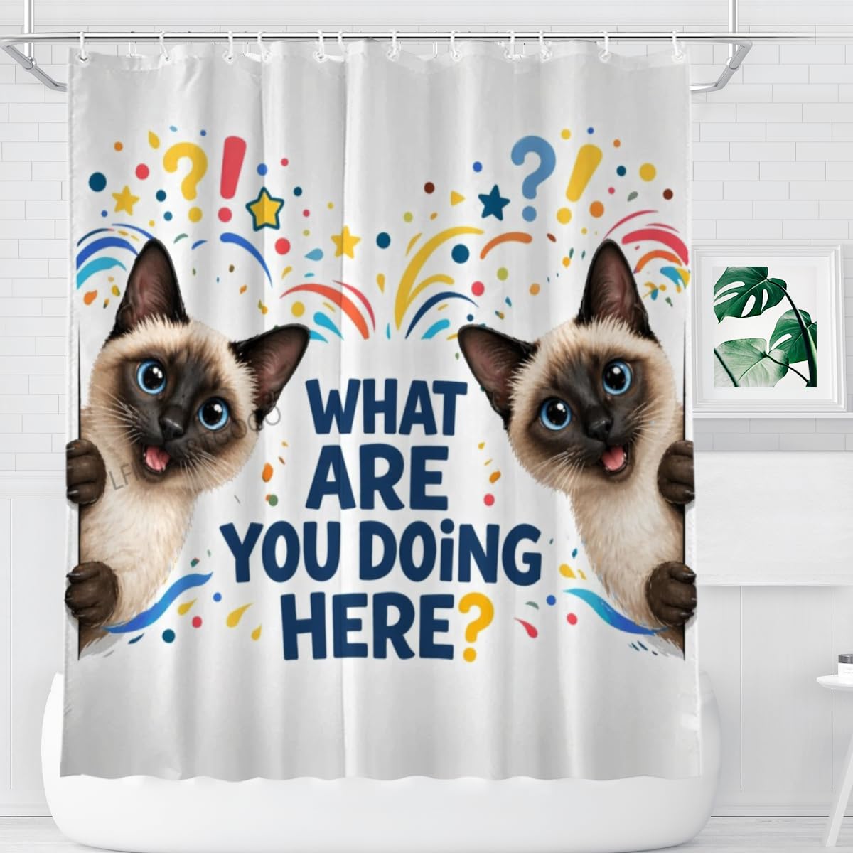 LFINKARTGOGO Funny Siamese Cat Shower Curtain 72x72 with 12 Hooks What are You Doing Here Waterproof Washable Polyester Bath Curtain for Home Hotel Decor