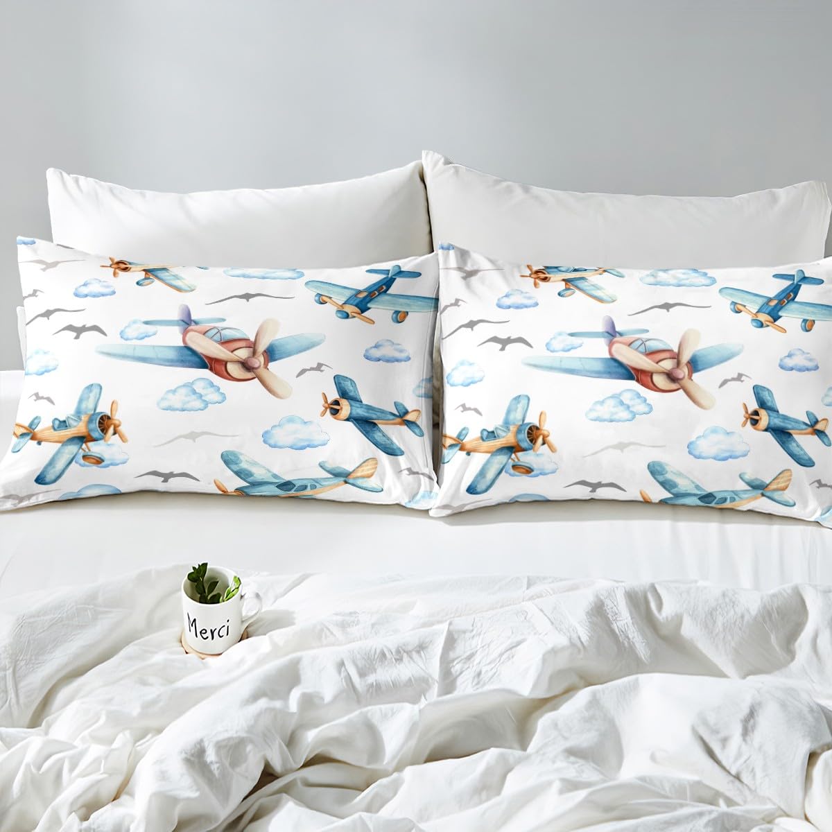 Erosebridal Boys Cartoon Propeller Plane Full Comforter Set, Aircraft Airplane Bedding Set, Blue Clouds Comforter for Kids Child Girls Adults Bedroom, Flying Birds Animals Duvet Insert