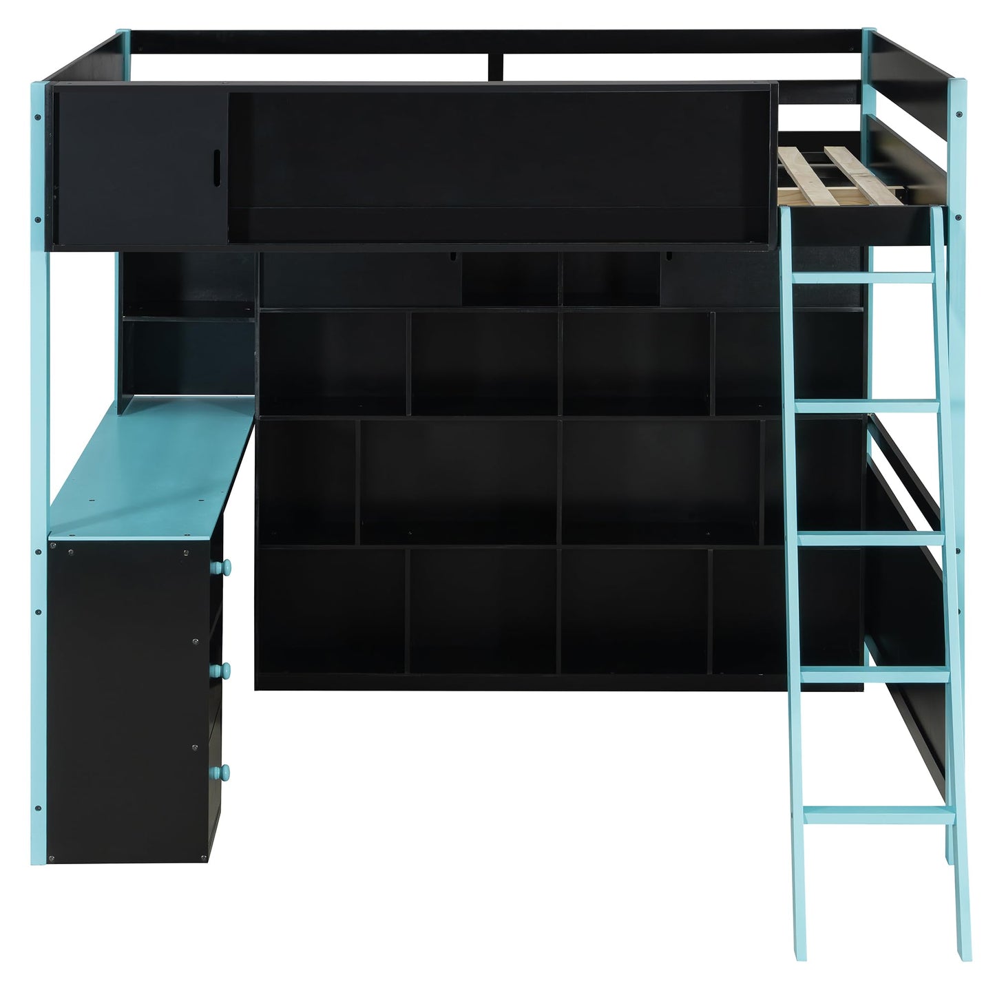 HRJHLucky Full Size Wood Gaming Loft Bed Frame with Desk, Ample Storage Space and Light for Bedroom (Blue)