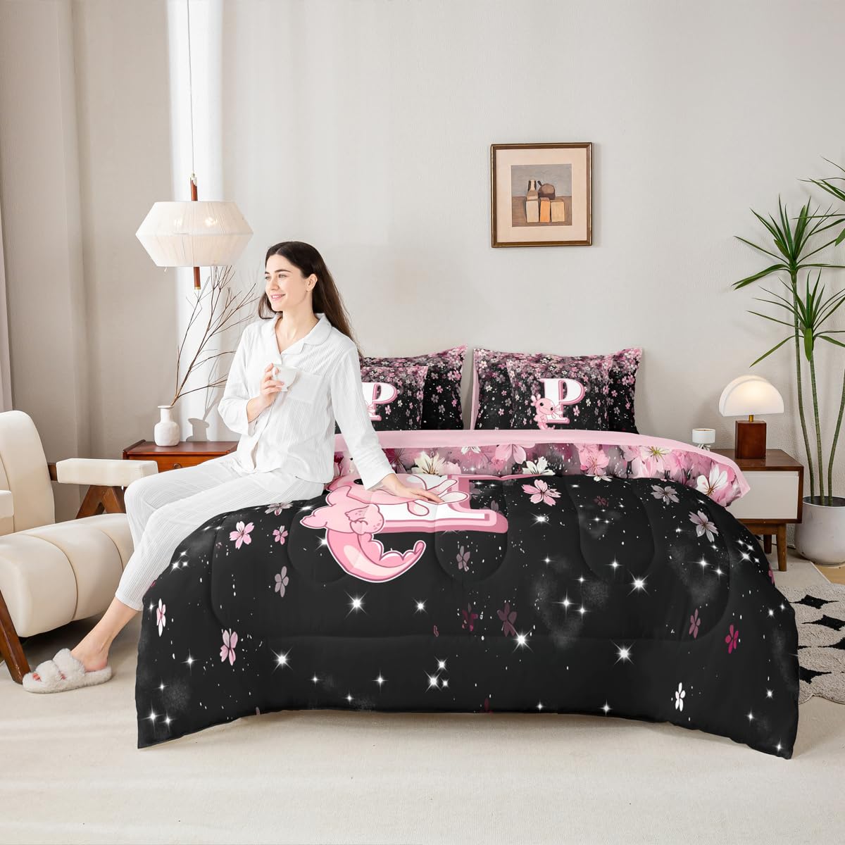 Erosebridal Pink Axolotl Bedding Set for Teen Girl (Pink Black,7Pcs,Twin Size) - Cute Initial Letter P Bed in A Bag Cherry Blossom Comforter Set Girly Preppy Cute Axolotl Quilt with Initial Design