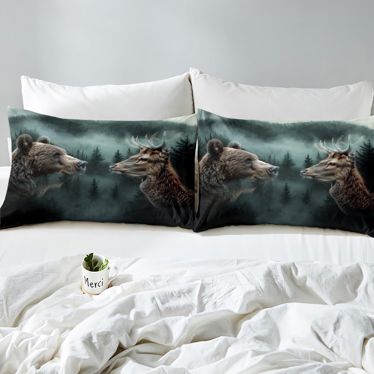 Castle Fairy Bear and Deer Bed Sheets Full Size,Hunting Wild Animals Bedding Set 4Pcs,Jungle Pine Tree Fitted Sheet for Kids Boys Men Adult Room Decor,Camping Adventure Top Flat Sheet,2 Pillowcases