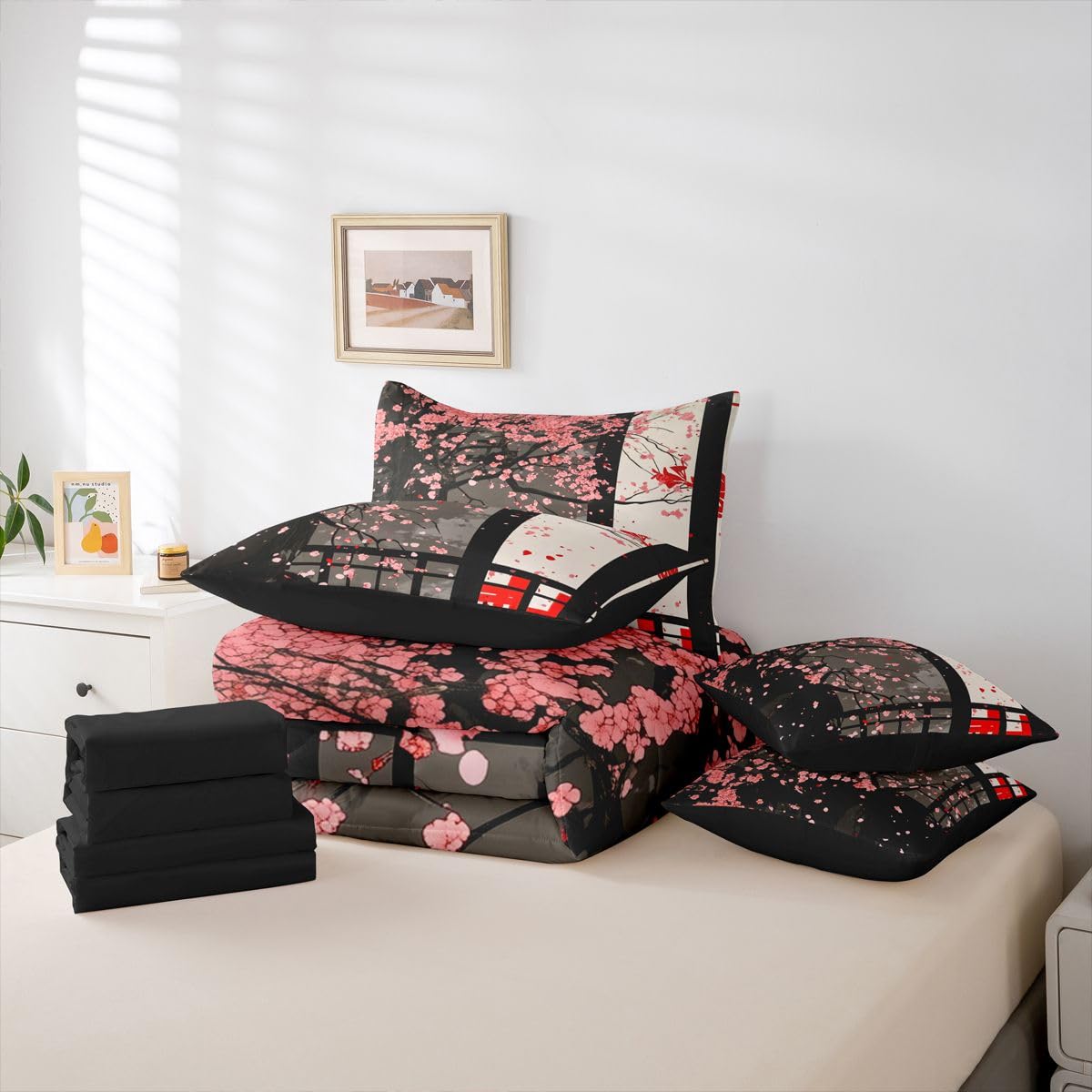 Erosebridal Japanese Style Cherry Blossom Twin Comforter Set with Sheets 7 Piece Pink Sakura Flowers Bed in A Bag Oriental Building View Bedding Sets for Kids Adults,Asian Art Bed Set