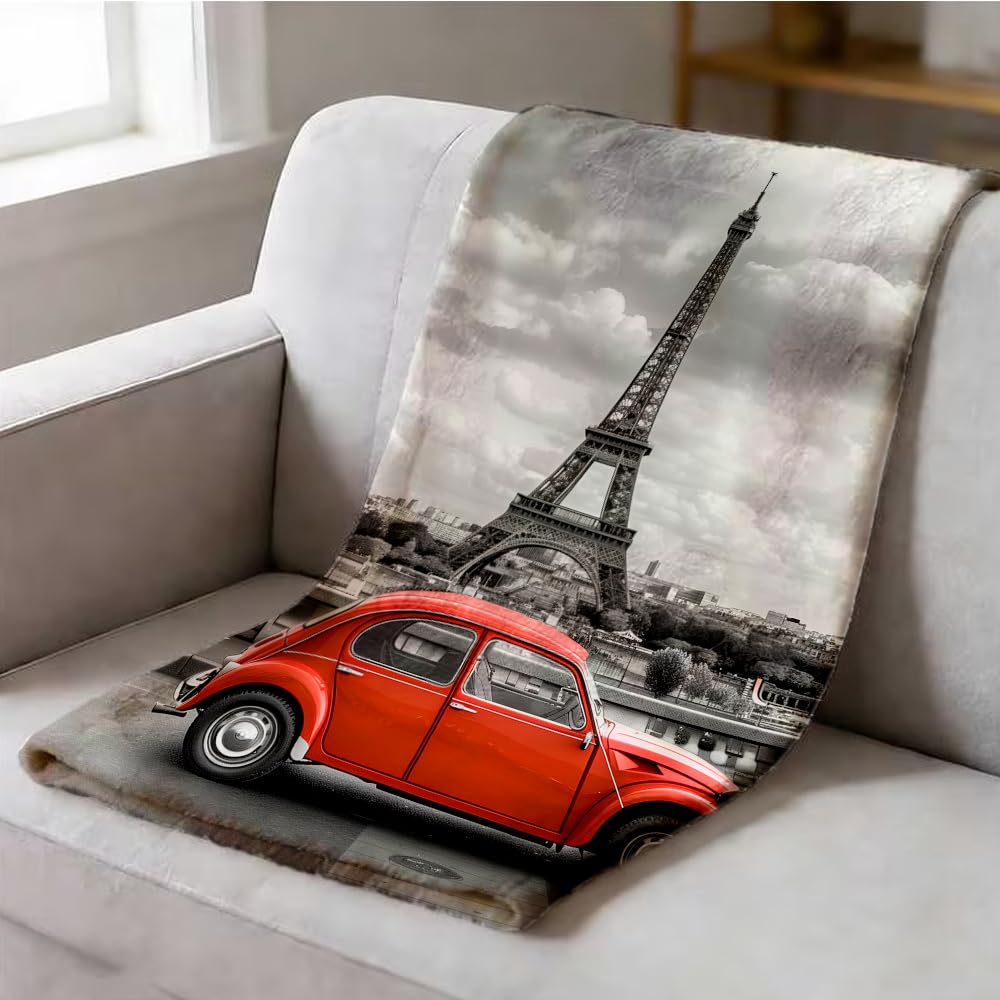 ZHOUSHUTONG Paris Blanket Throw Red Umbrella Flannel Blankets Eiffel Tower Car Plush Throw French Romantic Print Throws for Girls Bedroom Living Room Bed Couch Sofa 49"x59"