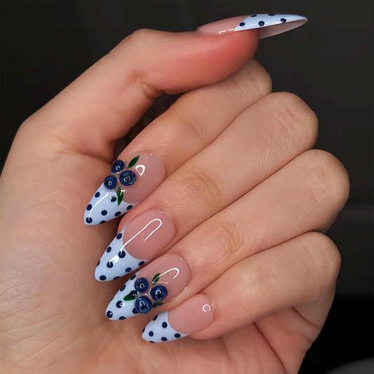 octoswave Almond Press on Nails Long 3D Blueberry French Tip Fake Nails Blue Polka Dot Glossy False Nails for Women and Girls 24Pcs