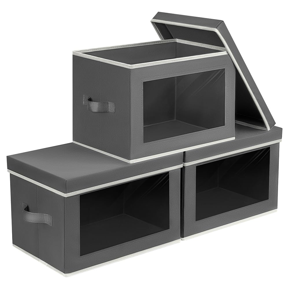 Homsorout Storage Bins with Lids - Fabric Storage Boxe with Window, Collapsible Closet Organizers with Handles, 3 Pack Decorative Bin, Home Cubes Baskets for Clothes, Hat, Books, Dark Grey