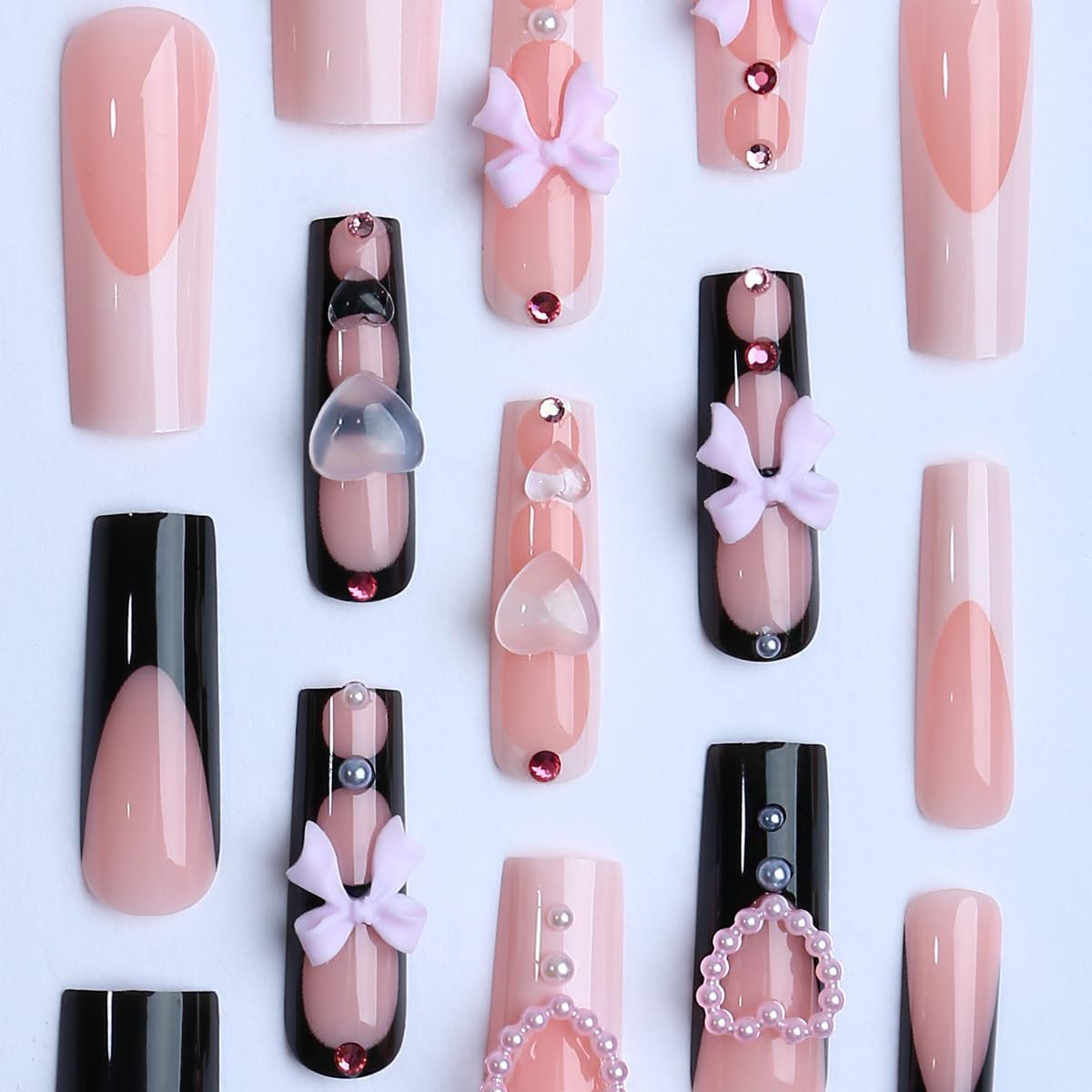 plalely Square Press on Nails Long Black and White Fake Nail Pink Bow with Heart Shape Water Drop Acrylic Nail Press ons Glossy Rhinestones Stick on Nail for Women 24pcs