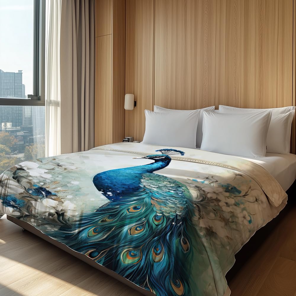 HUNXIAOJ Peacock Throw Blanket Peacock Themed Decor Animal Print Blanket King Size Soft Warm Flannel for Sofa Bed (60 in x 80 in)