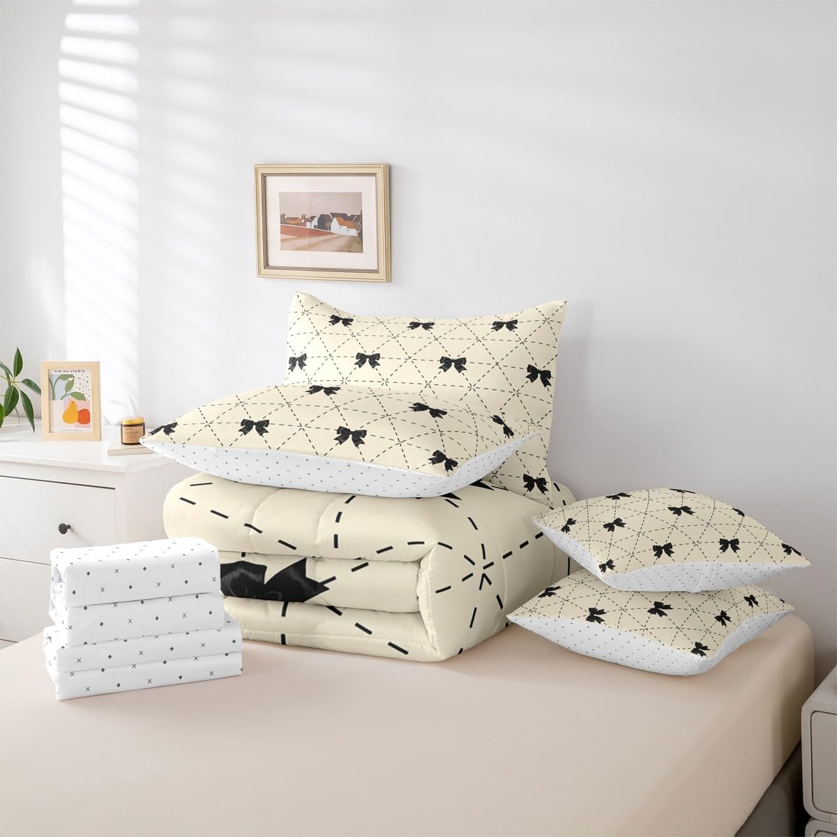 Erosebridal Black Bow 7 Piece Comforter Set King for Kids Bedroom | Modern Bow Tie Bedding Set for Girls Coquette Bows Comforter with Sheets Girly Bowknot Striped Geometric Soft Warm Quilt Duvet