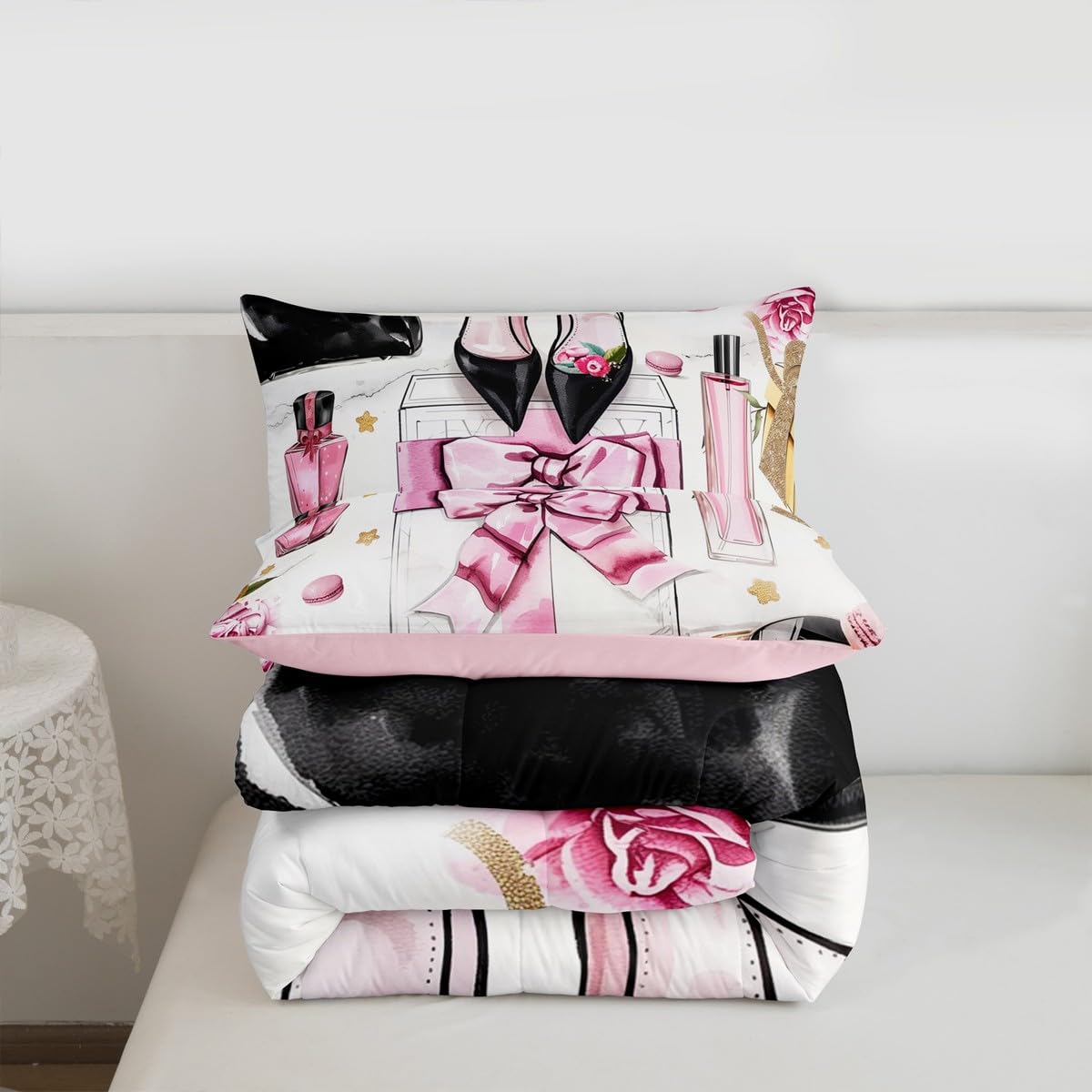 Erosebridal Pink King Bedding Set Girly Fashion Women Watercolor Coquette Bow Comforter Perfume Modern Pretty Magazine Book Quilt High Heels Makeup Duvet Insert for Girls