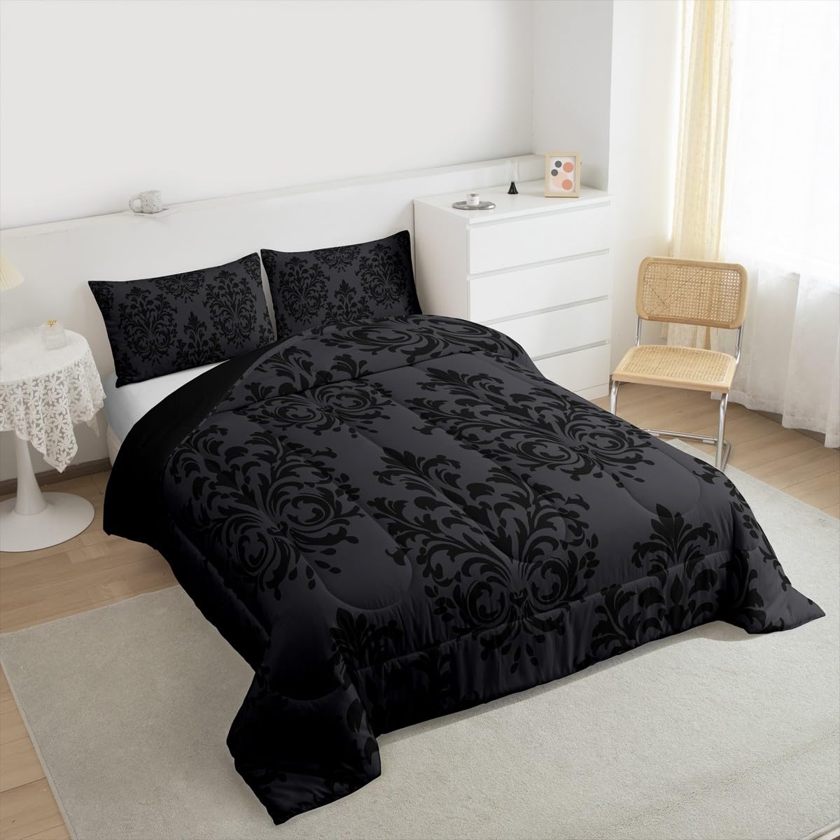 jejeloiu Damask Pattern Bedding Set Soft for Boys Girls, Floral Printed Comforter Set Queen Size Bohemian Damask Print Duvet Quilt Microfiber Baroque Style Bedroom Decor 3 Pcs with 2 Pillow Cases