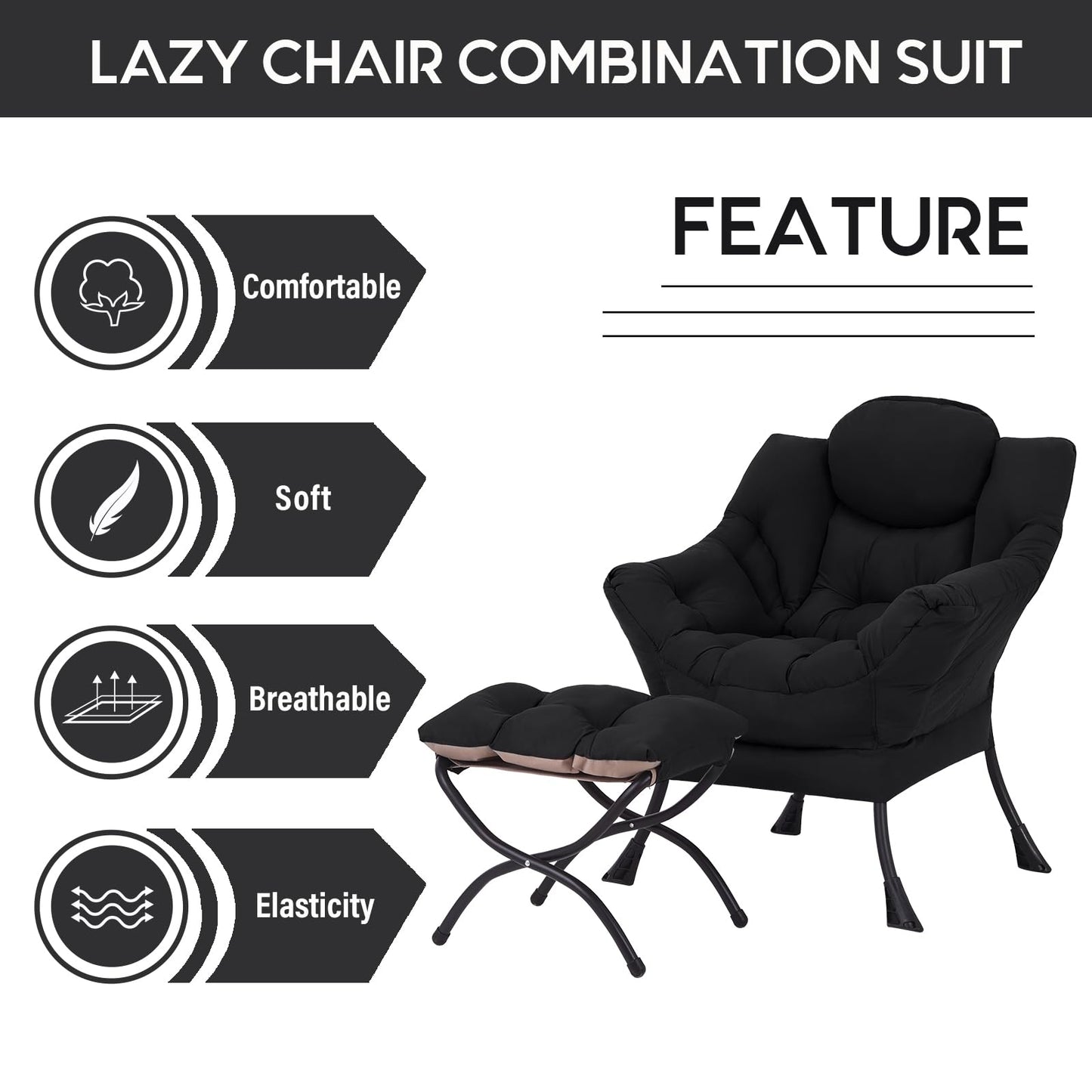 LITA Lazy Chair with Ottoman, Modern Accent Leisure Upholstered Sofa Chair, Contemporary Lounge Reading Chairs with Armrests and a Side Pocket for Living Room, Bedroom & Small Space, Black