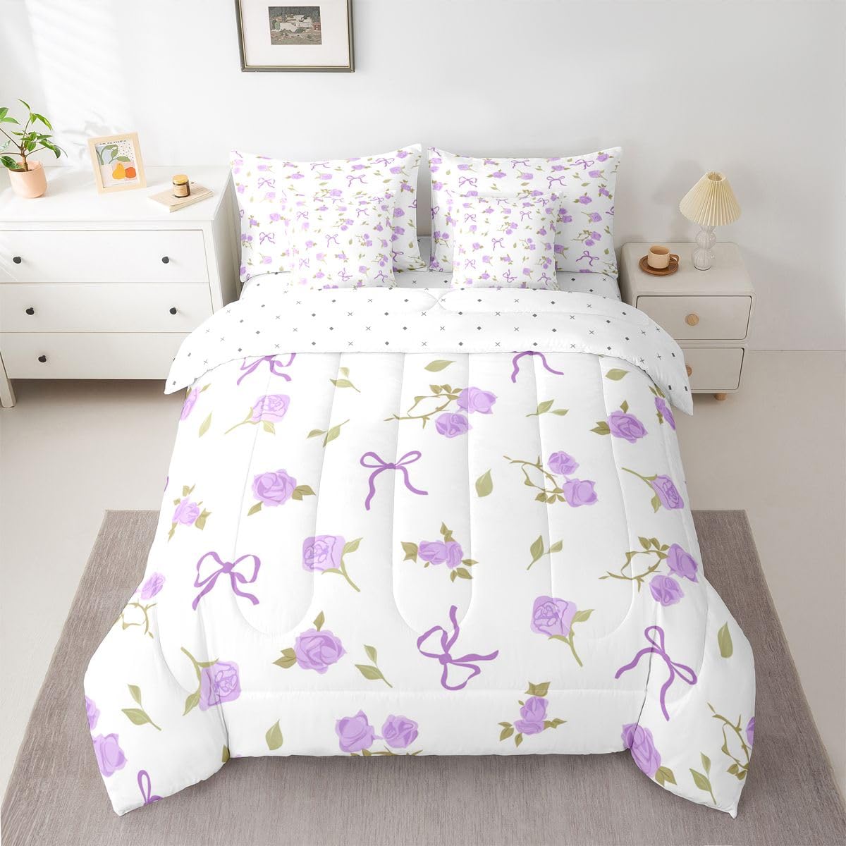 Erosebridal Ribbon Bow 7 Pcs Bedding Set Full Bowtie Comforter Set with Sheets Girly Princess Bowknot Bed in A Bag Fantasy Aesthetic Bedroom Decor